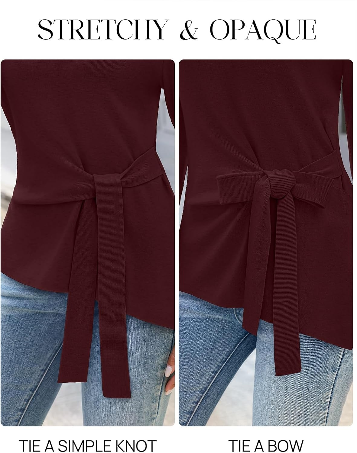image:imageMEROKEETY Womens Fall Tie Front Ruched Long Sleeve Sweaters Lightweight Pullover Boat Neck Ribbed Knit Side Slit Trendy Asymmetrical Knot Tops Business Casual Teacher Outfits 2026Burgundy