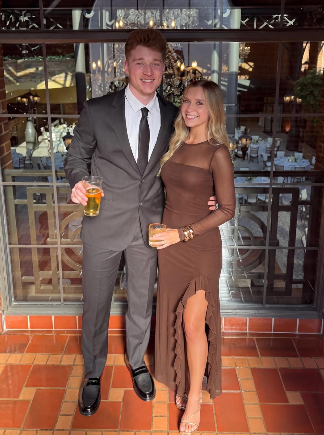 image:imageMEROKEETY Womens Fall Wedding Guest Cocktail Long Sleeve Bodycon Maxi Dress Mesh Ruffle Side Slit Ruched Sheer Sleeve Long Stretchy Lightweight Formal Elengant Sexy Party Baby Shower Prom HocoCoffee