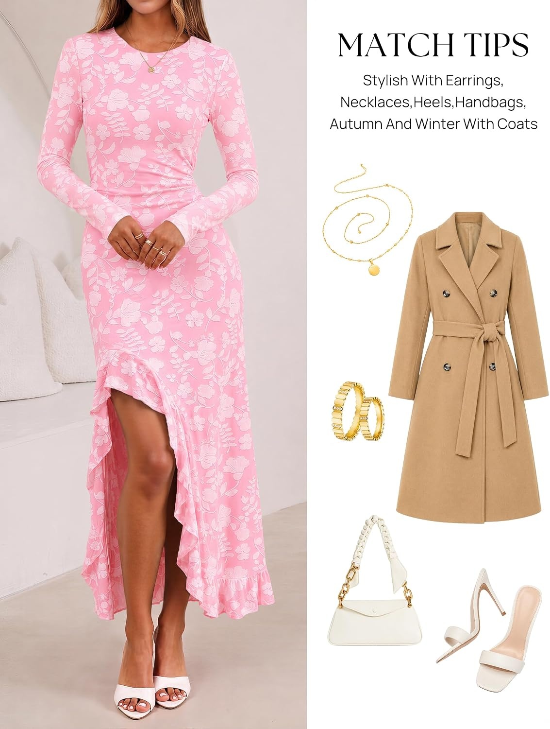 image:imageMEROKEETY Womens Fall Wedding Guest Dress Formal Long Sleeve Maxi Dresses Floral Cocktail Prom Dress Ruched Waist Asymmetric Ruffle Hem High Slit Bodycon Double Lined Rehearsal Bride Long DressPink