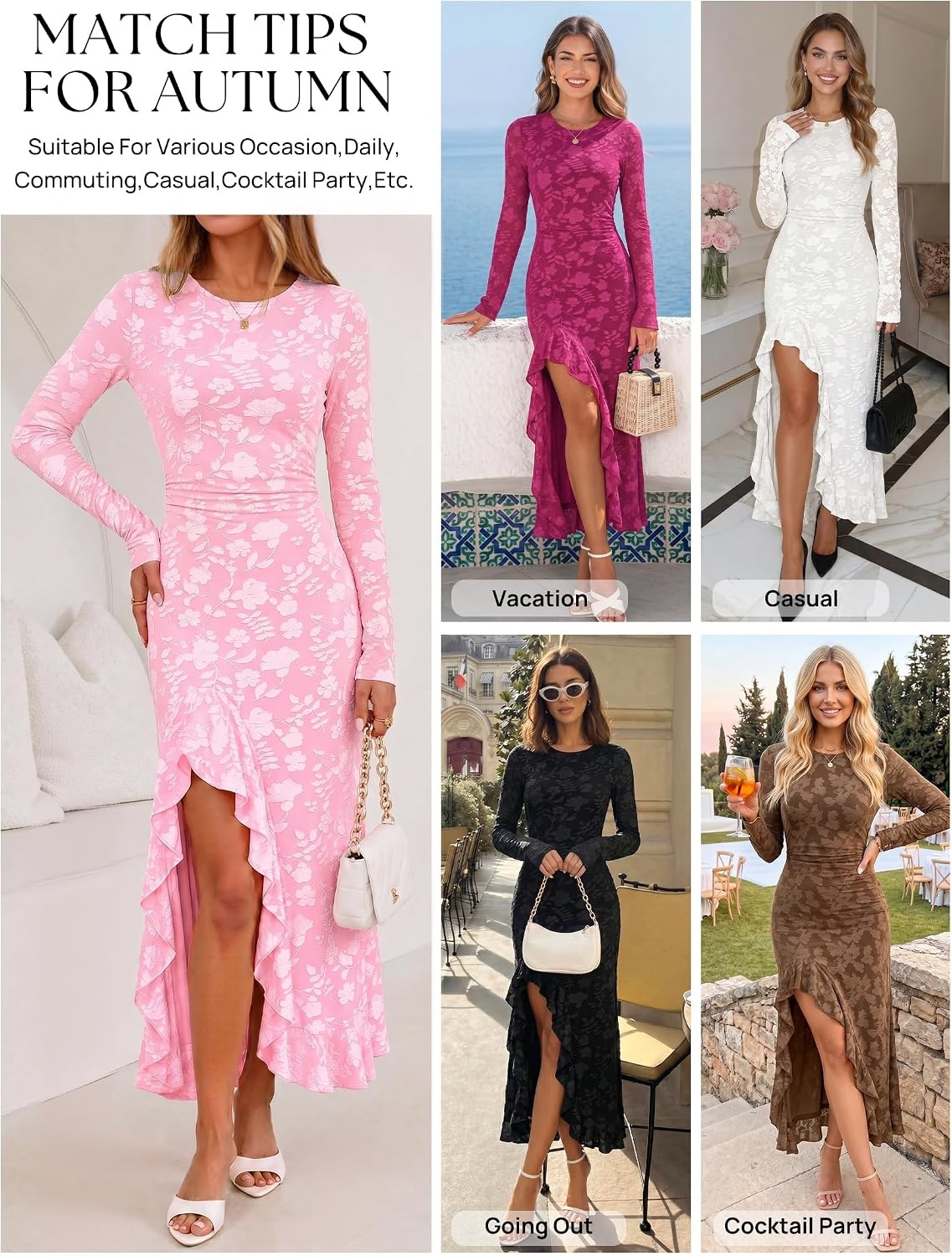 image:imageMEROKEETY Womens Fall Wedding Guest Dress Formal Long Sleeve Maxi Dresses Floral Cocktail Prom Dress Ruched Waist Asymmetric Ruffle Hem High Slit Bodycon Double Lined Rehearsal Bride Long DressPink
