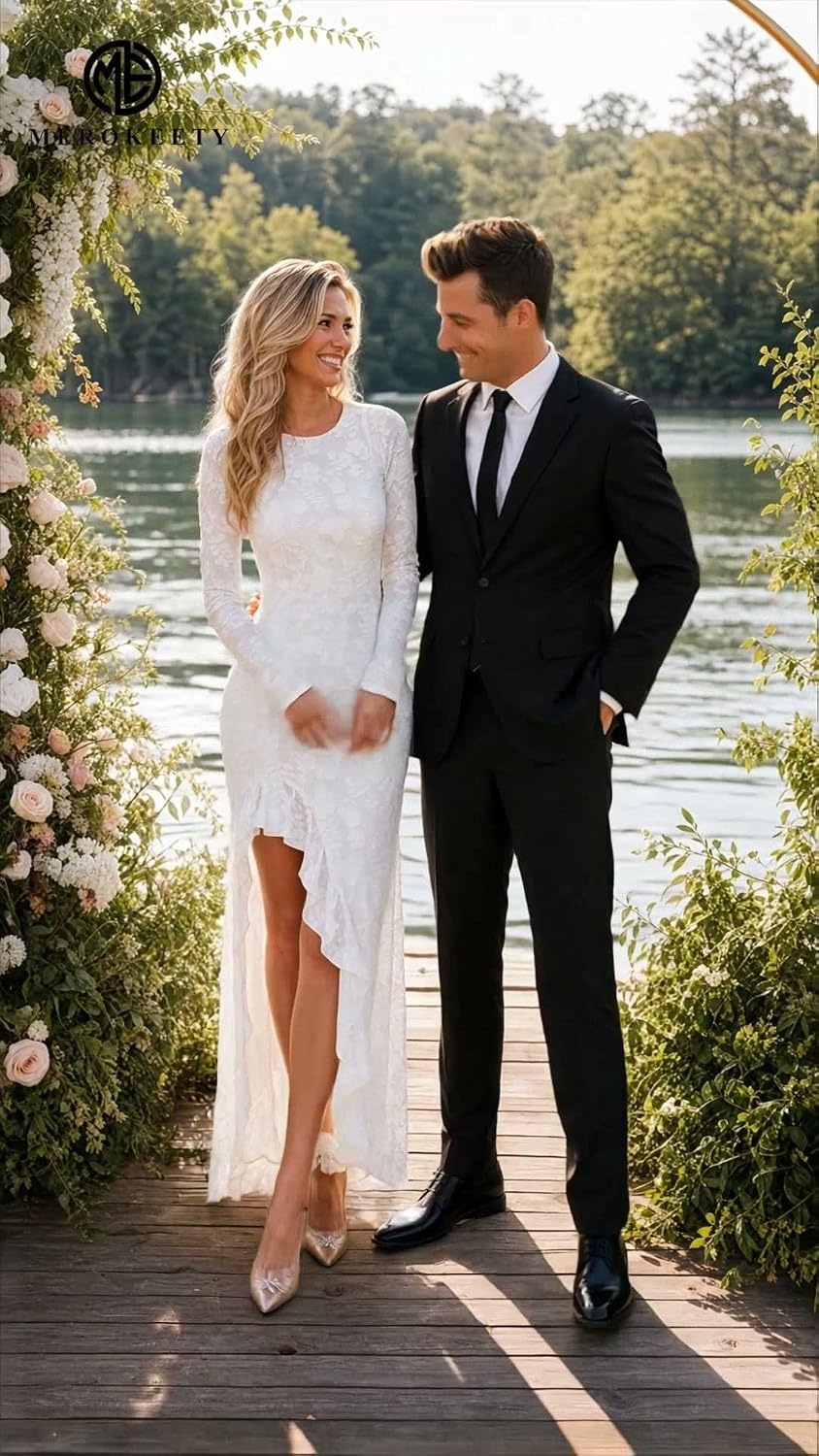 image:imageMEROKEETY Womens Fall Wedding Guest Dress Formal Long Sleeve Maxi Dresses Floral Cocktail Prom Dress Ruched Waist Asymmetric Ruffle Hem High Slit Bodycon Double Lined Rehearsal Bride Long DressWhite