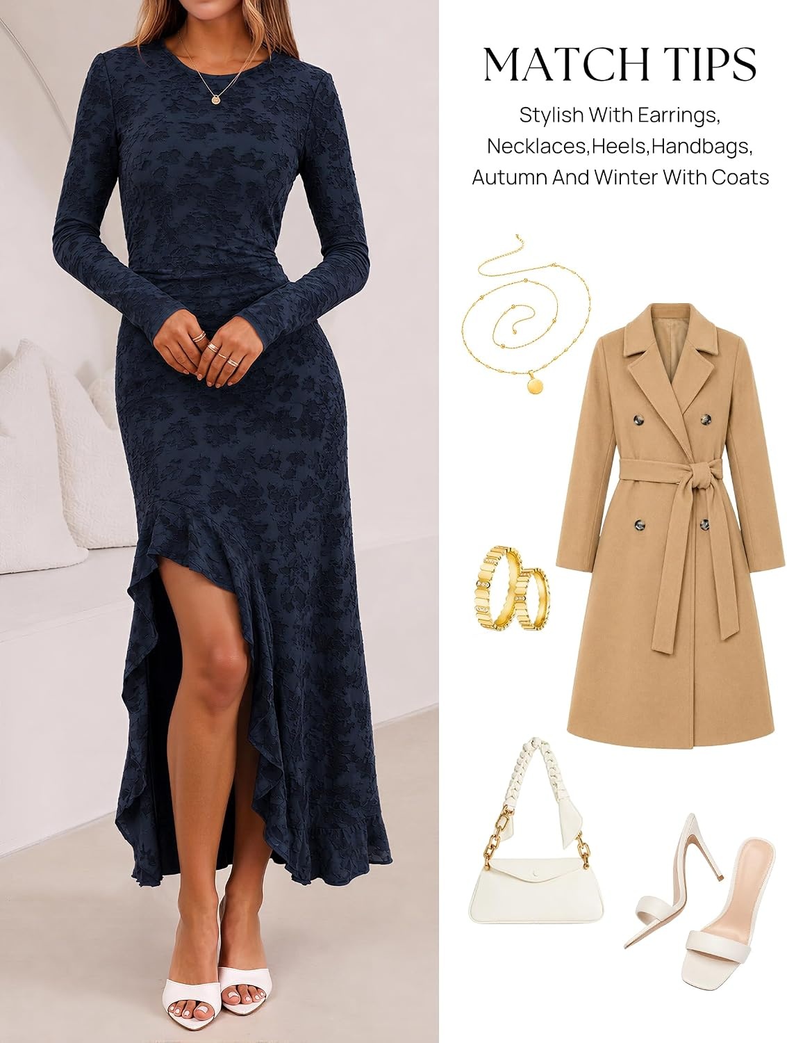 image:imageMEROKEETY Womens Fall Wedding Guest Dress Formal Long Sleeve Maxi Dresses Floral Cocktail Prom Dress Ruched Waist Asymmetric Ruffle Hem High Slit Bodycon Double Lined Rehearsal Bride Long DressNavy