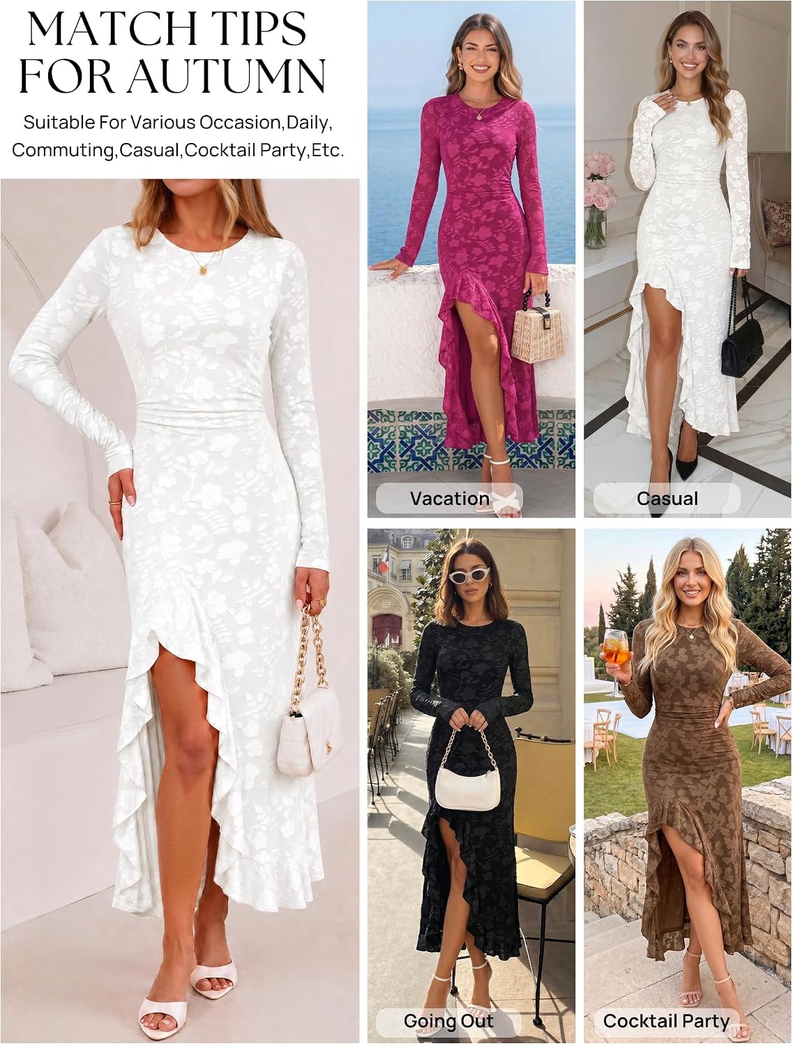 image:imageMEROKEETY Womens Fall Wedding Guest Dress Formal Long Sleeve Maxi Dresses Floral Cocktail Prom Dress Ruched Waist Asymmetric Ruffle Hem High Slit Bodycon Double Lined Rehearsal Bride Long DressWhite