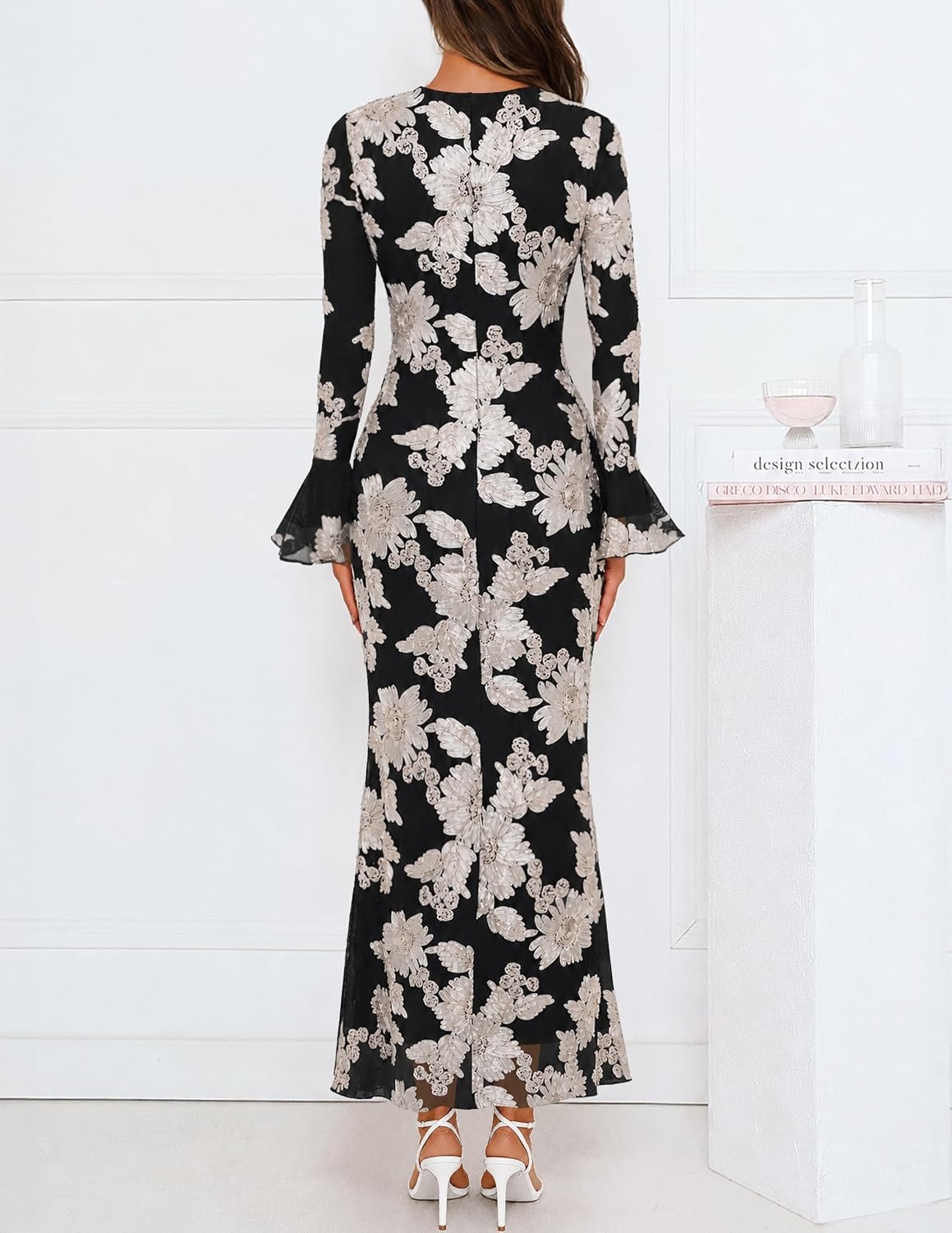 image:imageMEROKEETY Womens Floral Wedding Guest Cocktail Maxi Dress Ruffled Bell Long Sleeve 2026 Fall Mesh Dress Crew Neck Lined Bodycon Prom Homecoming Clothes Formal Elegant OutfitsBlackwhite