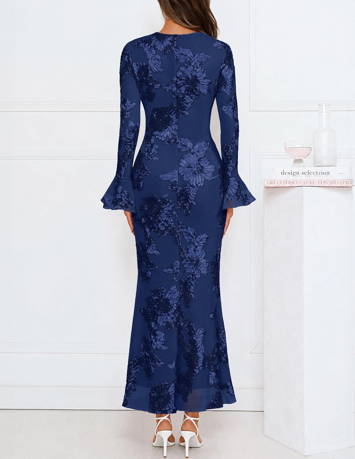 image:imageMEROKEETY Womens Floral Wedding Guest Cocktail Maxi Dress Ruffled Bell Long Sleeve 2026 Fall Mesh Dress Crew Neck Lined Bodycon Prom Homecoming Clothes Formal Elegant OutfitsNavy