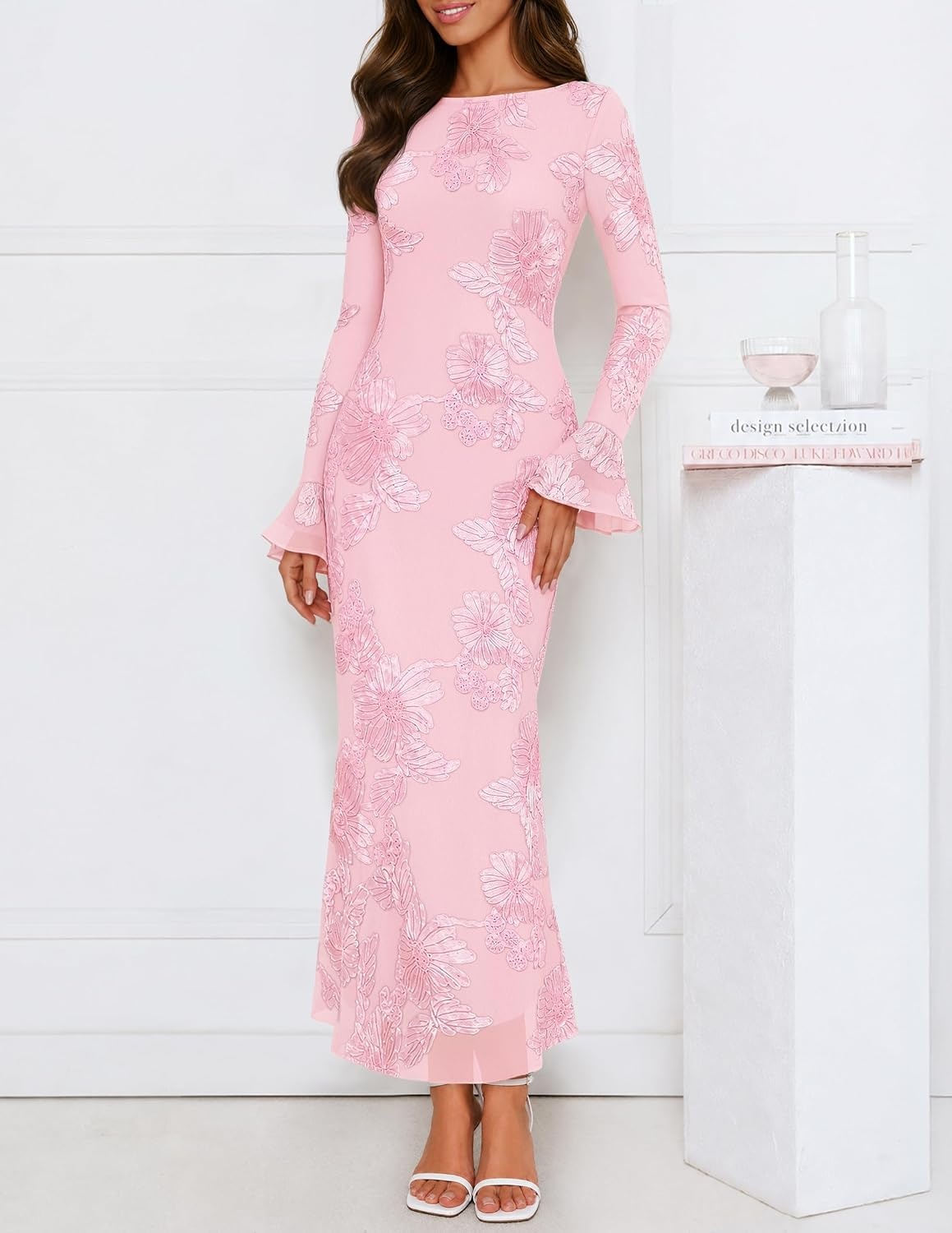 image:imageMEROKEETY Womens Floral Wedding Guest Cocktail Maxi Dress Ruffled Bell Long Sleeve 2026 Fall Mesh Dress Crew Neck Lined Bodycon Prom Homecoming Clothes Formal Elegant OutfitsPink