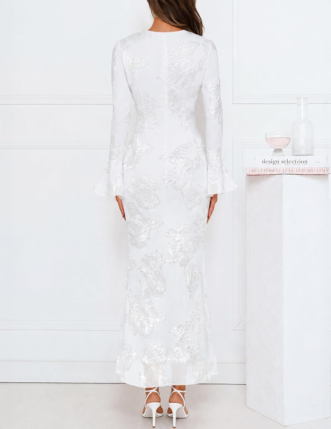 image:imageMEROKEETY Womens Floral Wedding Guest Cocktail Maxi Dress Ruffled Bell Long Sleeve 2026 Fall Mesh Dress Crew Neck Lined Bodycon Prom Homecoming Clothes Formal Elegant OutfitsWhite