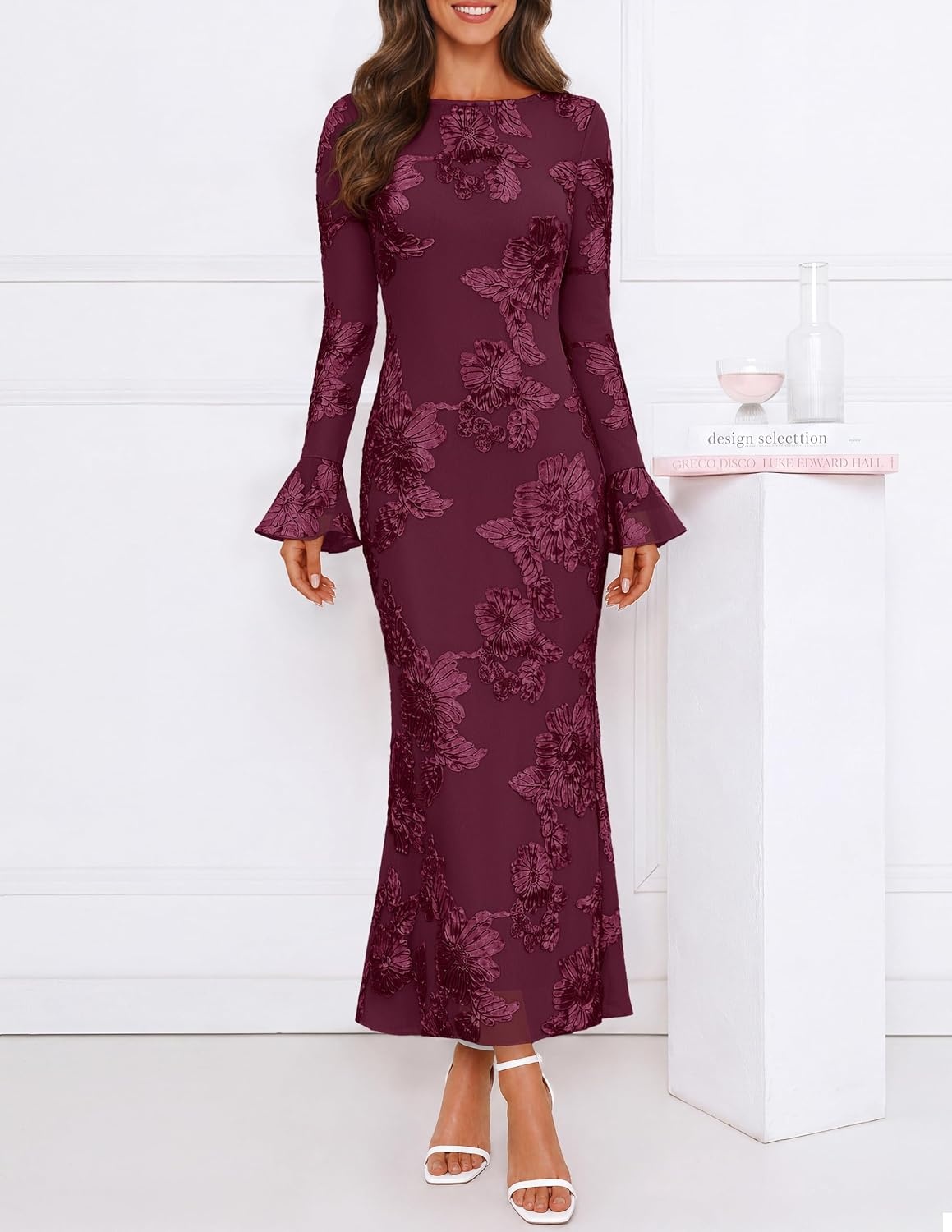 image:imageMEROKEETY Womens Floral Wedding Guest Cocktail Maxi Dress Ruffled Bell Long Sleeve 2026 Fall Mesh Dress Crew Neck Lined Bodycon Prom Homecoming Clothes Formal Elegant OutfitsBurgundy