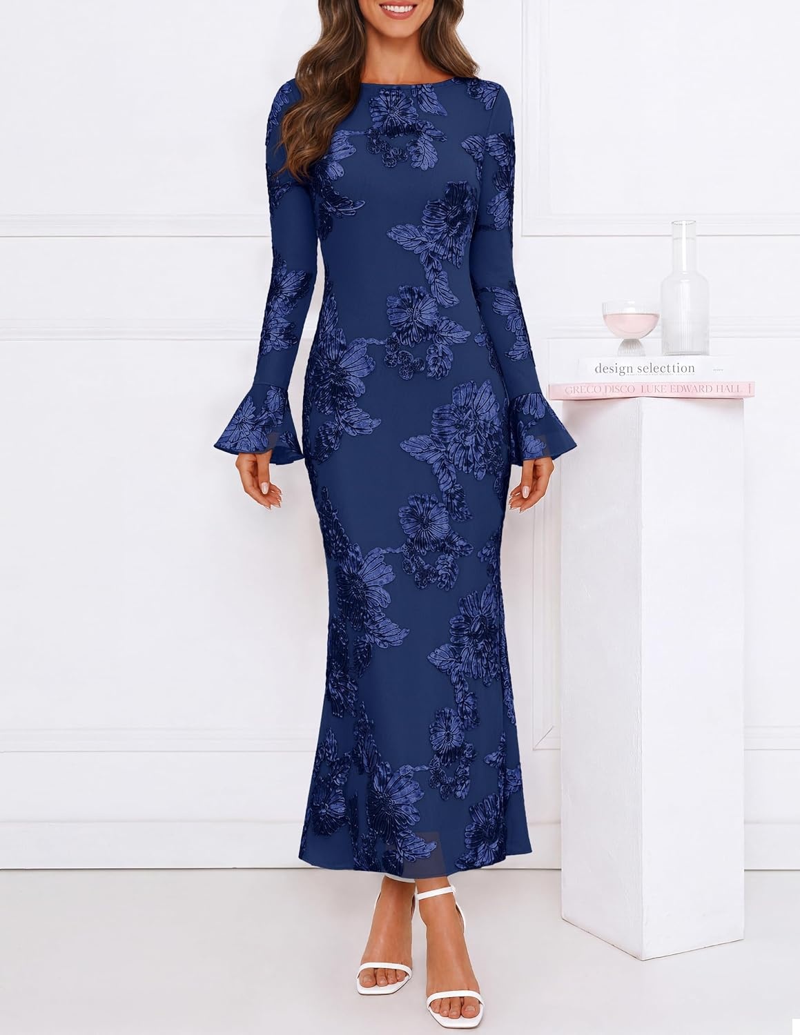 image:imageMEROKEETY Womens Floral Wedding Guest Cocktail Maxi Dress Ruffled Bell Long Sleeve 2026 Fall Mesh Dress Crew Neck Lined Bodycon Prom Homecoming Clothes Formal Elegant OutfitsNavy