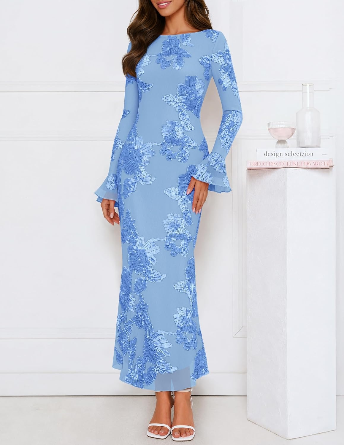 image:imageMEROKEETY Womens Floral Wedding Guest Cocktail Maxi Dress Ruffled Bell Long Sleeve 2026 Fall Mesh Dress Crew Neck Lined Bodycon Prom Homecoming Clothes Formal Elegant OutfitsBlue