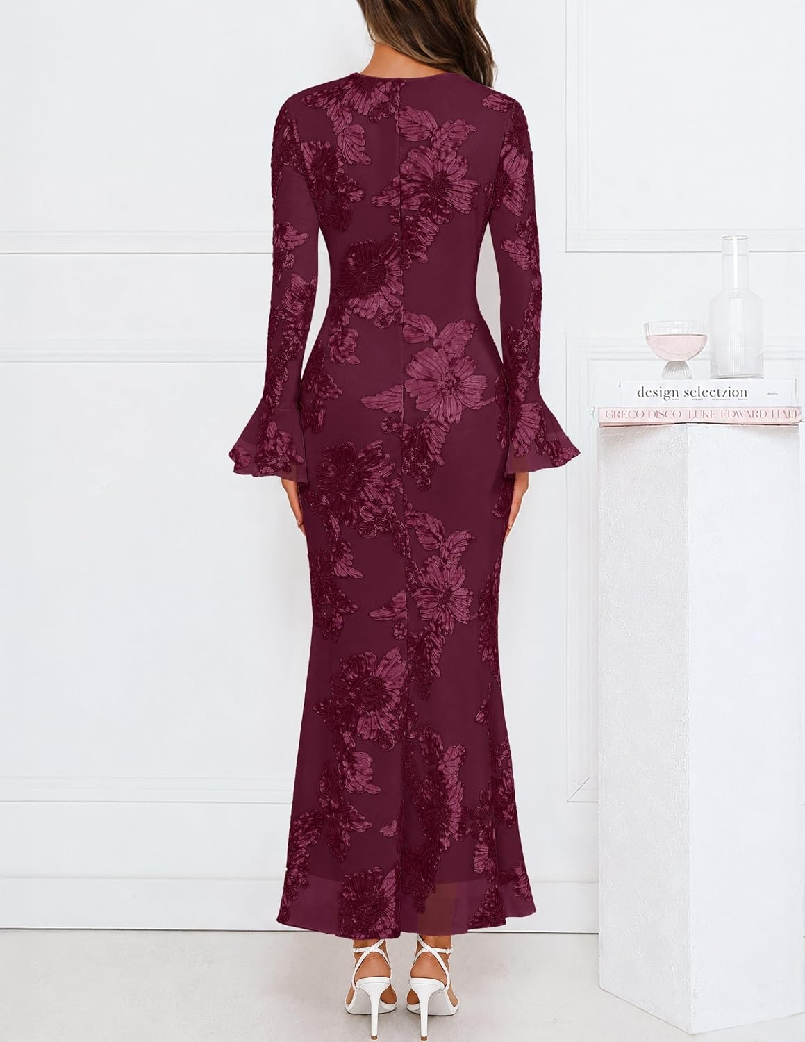 image:imageMEROKEETY Womens Floral Wedding Guest Cocktail Maxi Dress Ruffled Bell Long Sleeve 2026 Fall Mesh Dress Crew Neck Lined Bodycon Prom Homecoming Clothes Formal Elegant OutfitsBurgundy