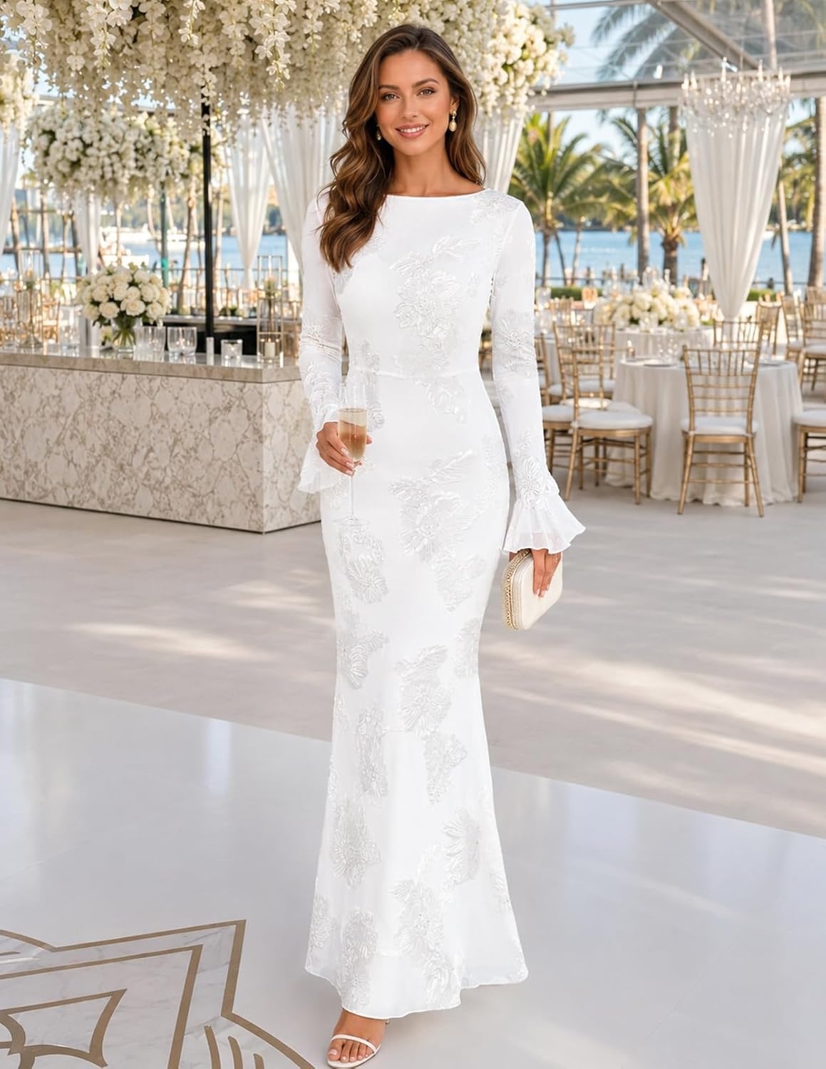 image:imageMEROKEETY Womens Floral Wedding Guest Cocktail Maxi Dress Ruffled Bell Long Sleeve 2026 Fall Mesh Dress Crew Neck Lined Bodycon Prom Homecoming Clothes Formal Elegant OutfitsWhite