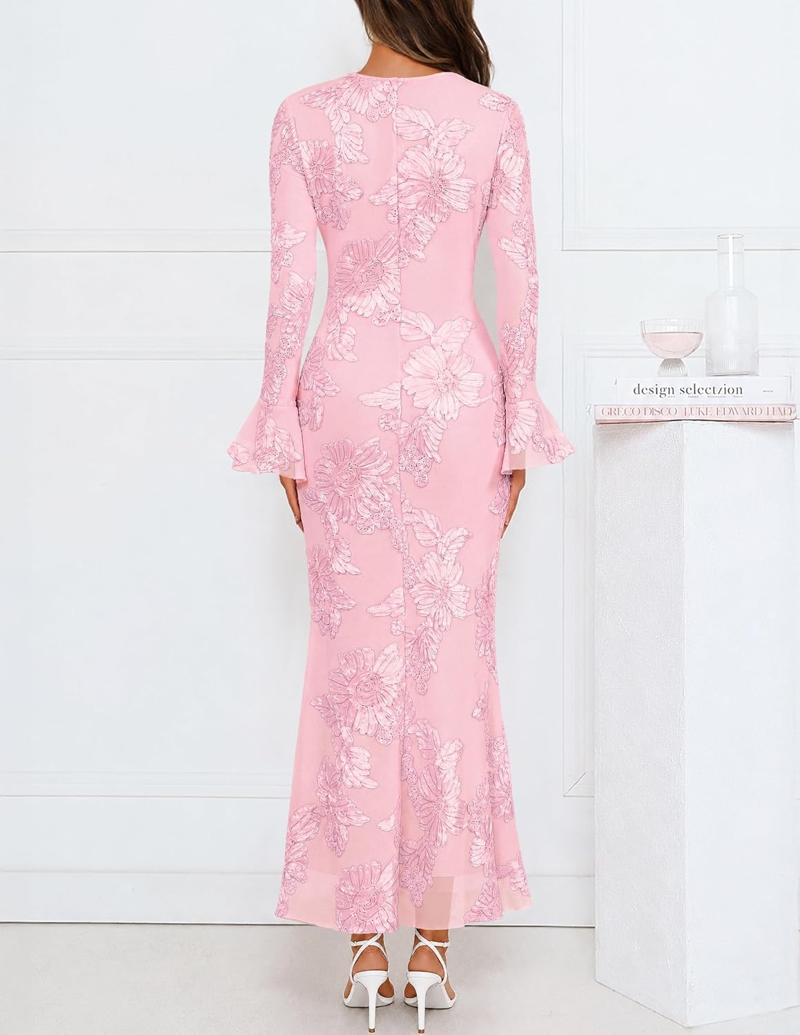 image:imageMEROKEETY Womens Floral Wedding Guest Cocktail Maxi Dress Ruffled Bell Long Sleeve 2026 Fall Mesh Dress Crew Neck Lined Bodycon Prom Homecoming Clothes Formal Elegant OutfitsPink