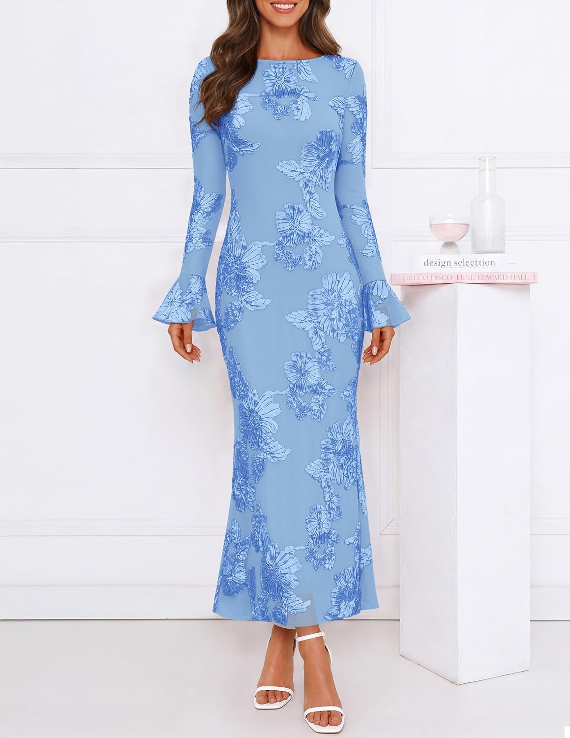 image:imageMEROKEETY Womens Floral Wedding Guest Cocktail Maxi Dress Ruffled Bell Long Sleeve 2026 Fall Mesh Dress Crew Neck Lined Bodycon Prom Homecoming Clothes Formal Elegant OutfitsBlue