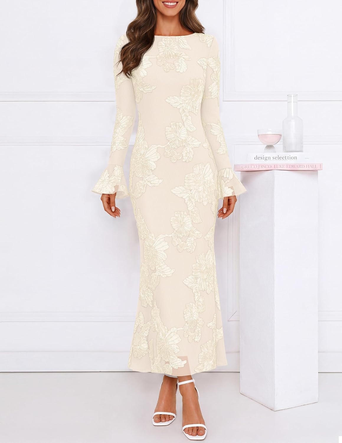 image:imageMEROKEETY Womens Floral Wedding Guest Cocktail Maxi Dress Ruffled Bell Long Sleeve 2026 Fall Mesh Dress Crew Neck Lined Bodycon Prom Homecoming Clothes Formal Elegant OutfitsApricot