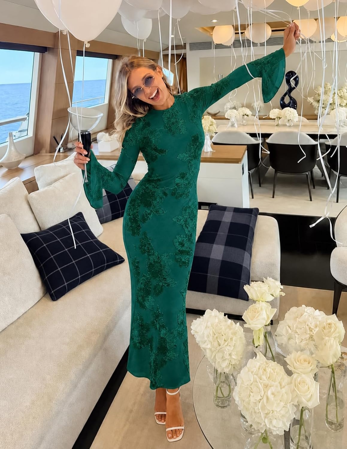 image:imageMEROKEETY Womens Floral Wedding Guest Cocktail Maxi Dress Ruffled Bell Long Sleeve 2026 Fall Mesh Dress Crew Neck Lined Bodycon Prom Homecoming Clothes Formal Elegant OutfitsGreen