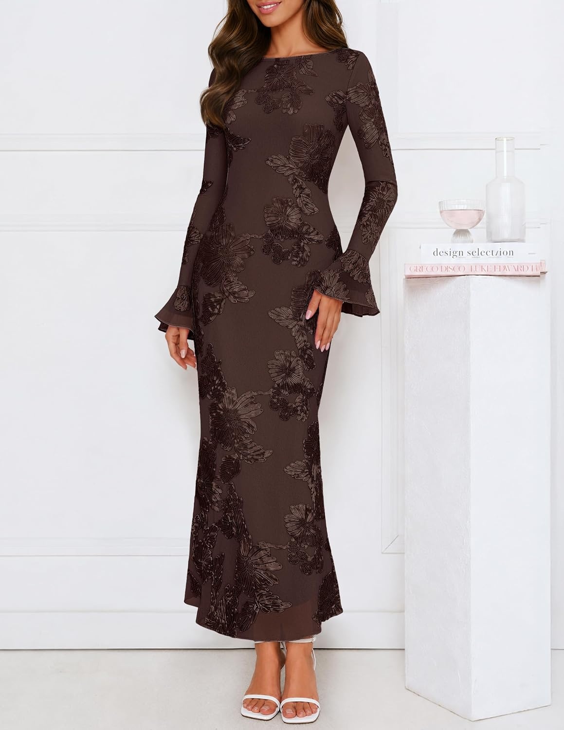 image:imageMEROKEETY Womens Floral Wedding Guest Cocktail Maxi Dress Ruffled Bell Long Sleeve 2026 Fall Mesh Dress Crew Neck Lined Bodycon Prom Homecoming Clothes Formal Elegant OutfitsCoffee