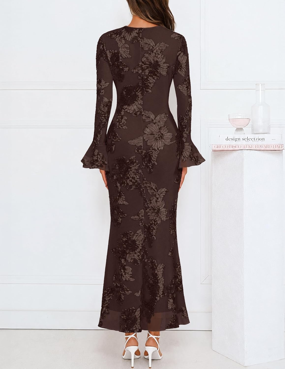 image:imageMEROKEETY Womens Floral Wedding Guest Cocktail Maxi Dress Ruffled Bell Long Sleeve 2026 Fall Mesh Dress Crew Neck Lined Bodycon Prom Homecoming Clothes Formal Elegant OutfitsCoffee