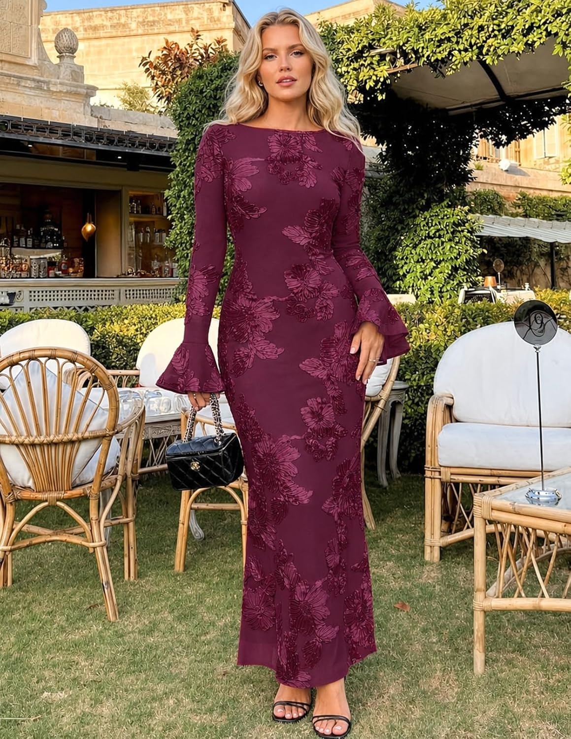 image:imageMEROKEETY Womens Floral Wedding Guest Cocktail Maxi Dress Ruffled Bell Long Sleeve 2026 Fall Mesh Dress Crew Neck Lined Bodycon Prom Homecoming Clothes Formal Elegant OutfitsBurgundy