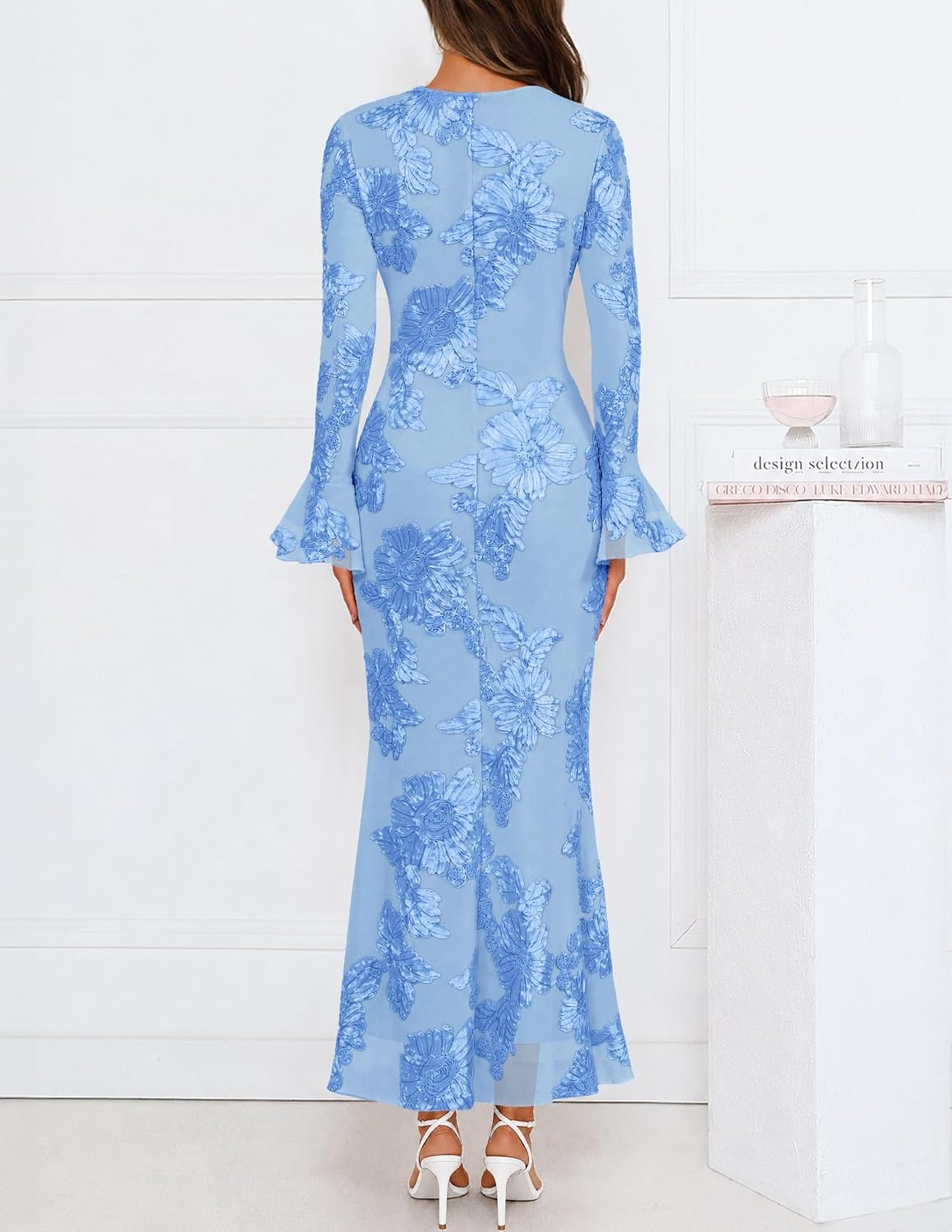 image:imageMEROKEETY Womens Floral Wedding Guest Cocktail Maxi Dress Ruffled Bell Long Sleeve 2026 Fall Mesh Dress Crew Neck Lined Bodycon Prom Homecoming Clothes Formal Elegant OutfitsBlue