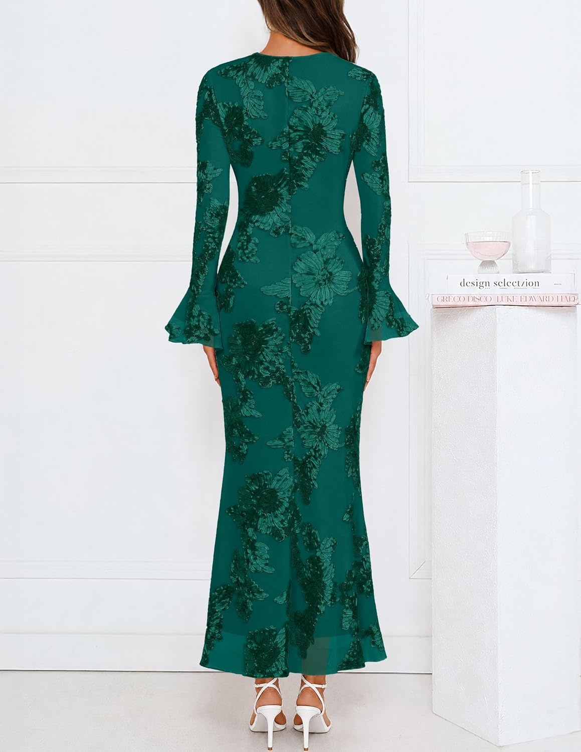 image:imageMEROKEETY Womens Floral Wedding Guest Cocktail Maxi Dress Ruffled Bell Long Sleeve 2026 Fall Mesh Dress Crew Neck Lined Bodycon Prom Homecoming Clothes Formal Elegant OutfitsGreen