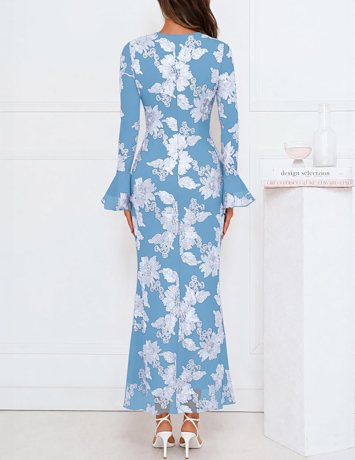 image:imageMEROKEETY Womens Floral Wedding Guest Cocktail Maxi Dress Ruffled Bell Long Sleeve 2026 Fall Mesh Dress Crew Neck Lined Bodycon Prom Homecoming Clothes Formal Elegant OutfitsSkyblue