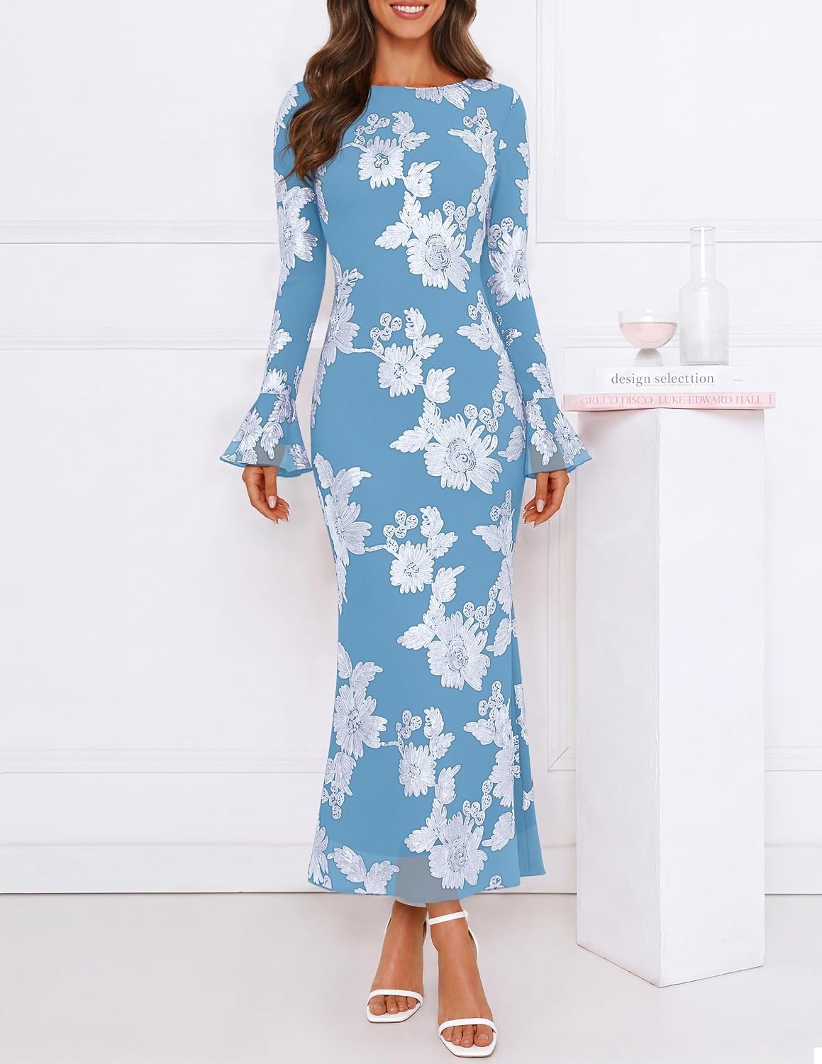 image:imageMEROKEETY Womens Floral Wedding Guest Cocktail Maxi Dress Ruffled Bell Long Sleeve 2026 Fall Mesh Dress Crew Neck Lined Bodycon Prom Homecoming Clothes Formal Elegant OutfitsSkyblue