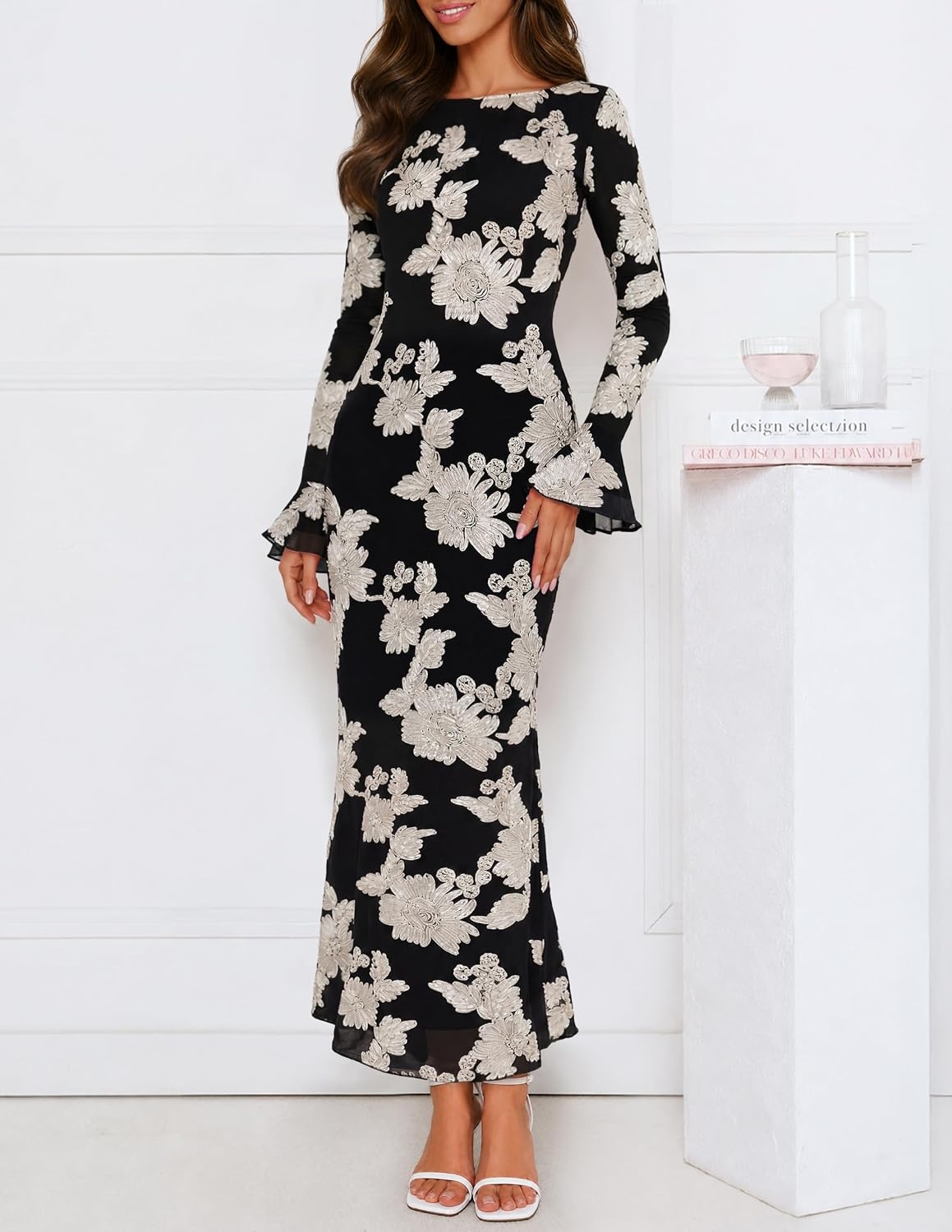 image:imageMEROKEETY Womens Floral Wedding Guest Cocktail Maxi Dress Ruffled Bell Long Sleeve 2026 Fall Mesh Dress Crew Neck Lined Bodycon Prom Homecoming Clothes Formal Elegant OutfitsBlackwhite