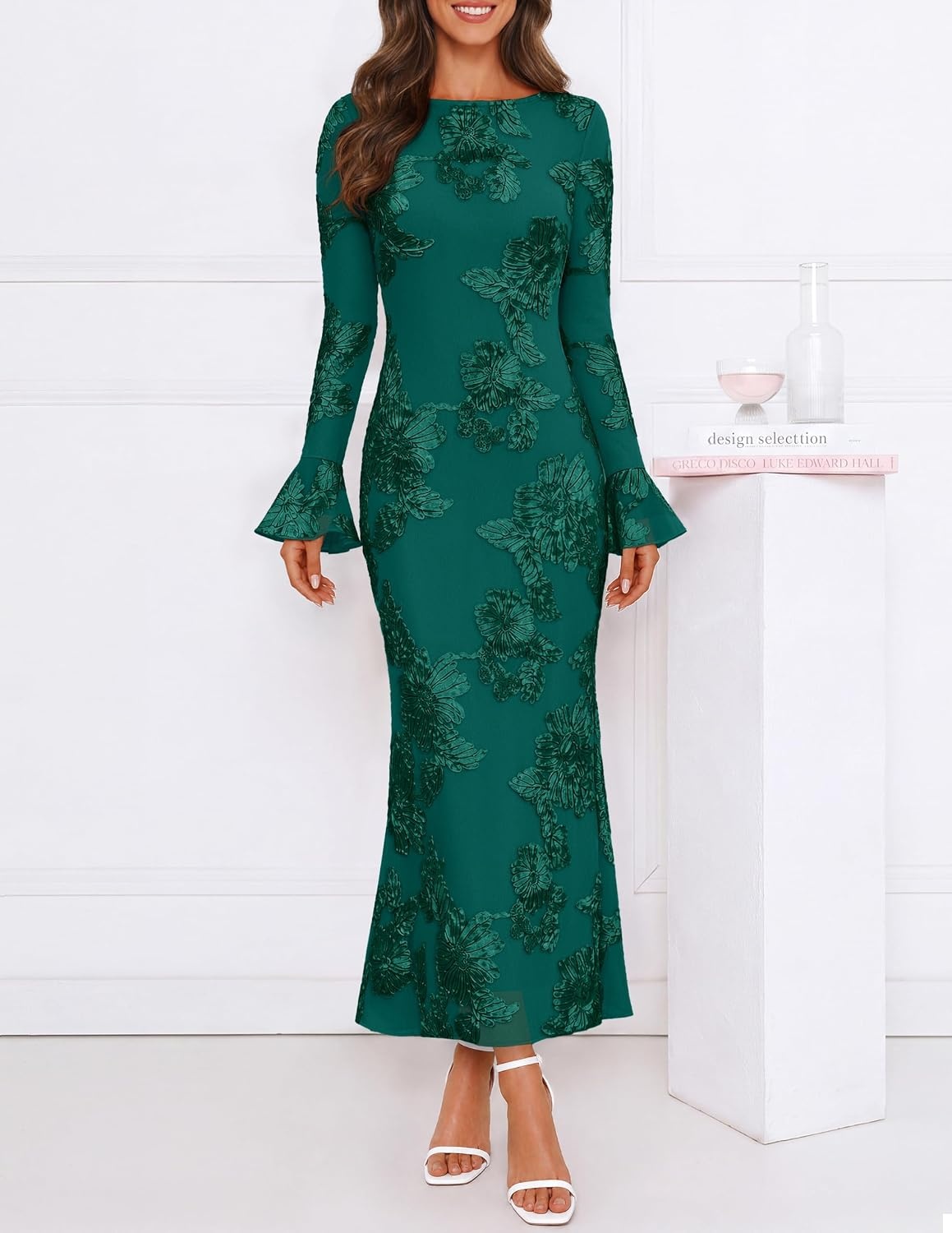 image:imageMEROKEETY Womens Floral Wedding Guest Cocktail Maxi Dress Ruffled Bell Long Sleeve 2026 Fall Mesh Dress Crew Neck Lined Bodycon Prom Homecoming Clothes Formal Elegant OutfitsGreen