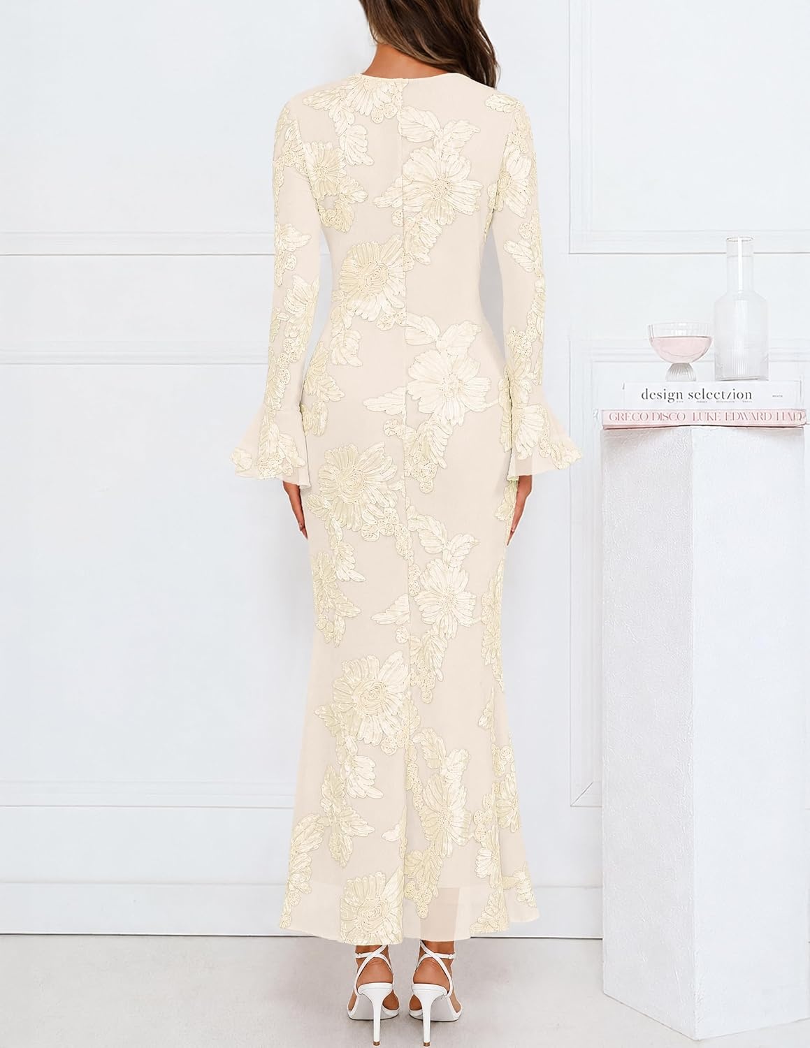 image:imageMEROKEETY Womens Floral Wedding Guest Cocktail Maxi Dress Ruffled Bell Long Sleeve 2026 Fall Mesh Dress Crew Neck Lined Bodycon Prom Homecoming Clothes Formal Elegant OutfitsApricot