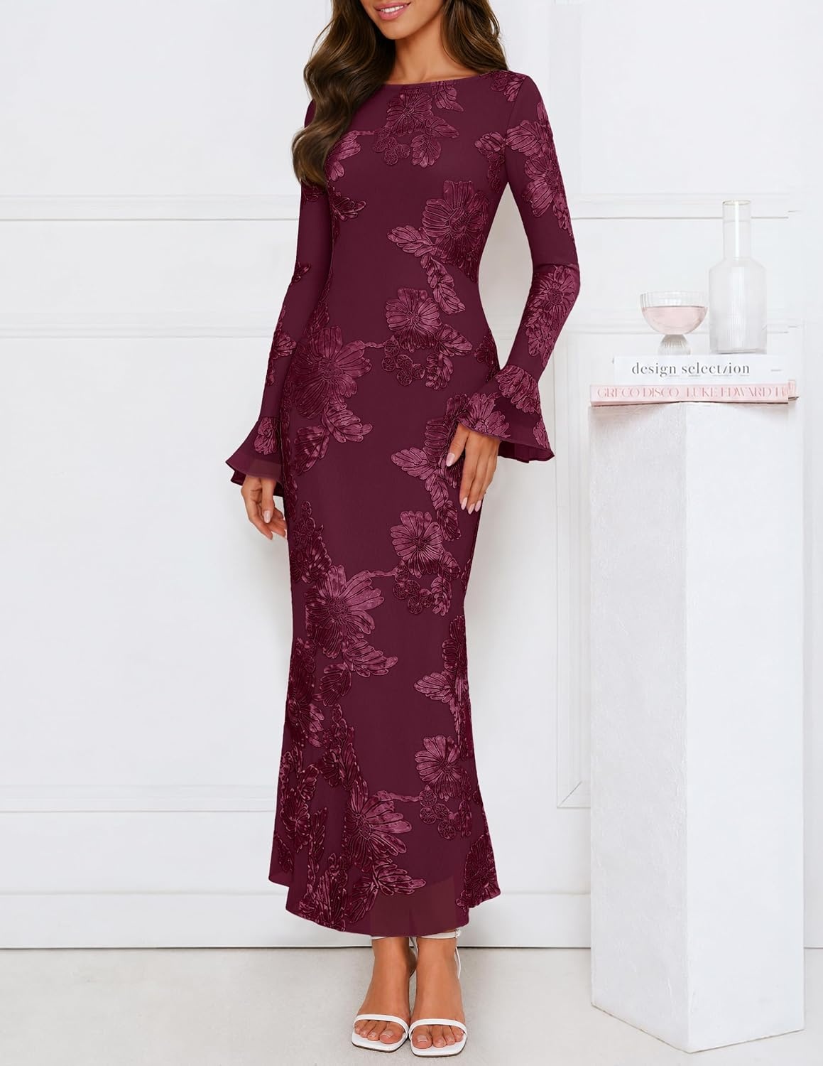 image:imageMEROKEETY Womens Floral Wedding Guest Cocktail Maxi Dress Ruffled Bell Long Sleeve 2026 Fall Mesh Dress Crew Neck Lined Bodycon Prom Homecoming Clothes Formal Elegant OutfitsBurgundy
