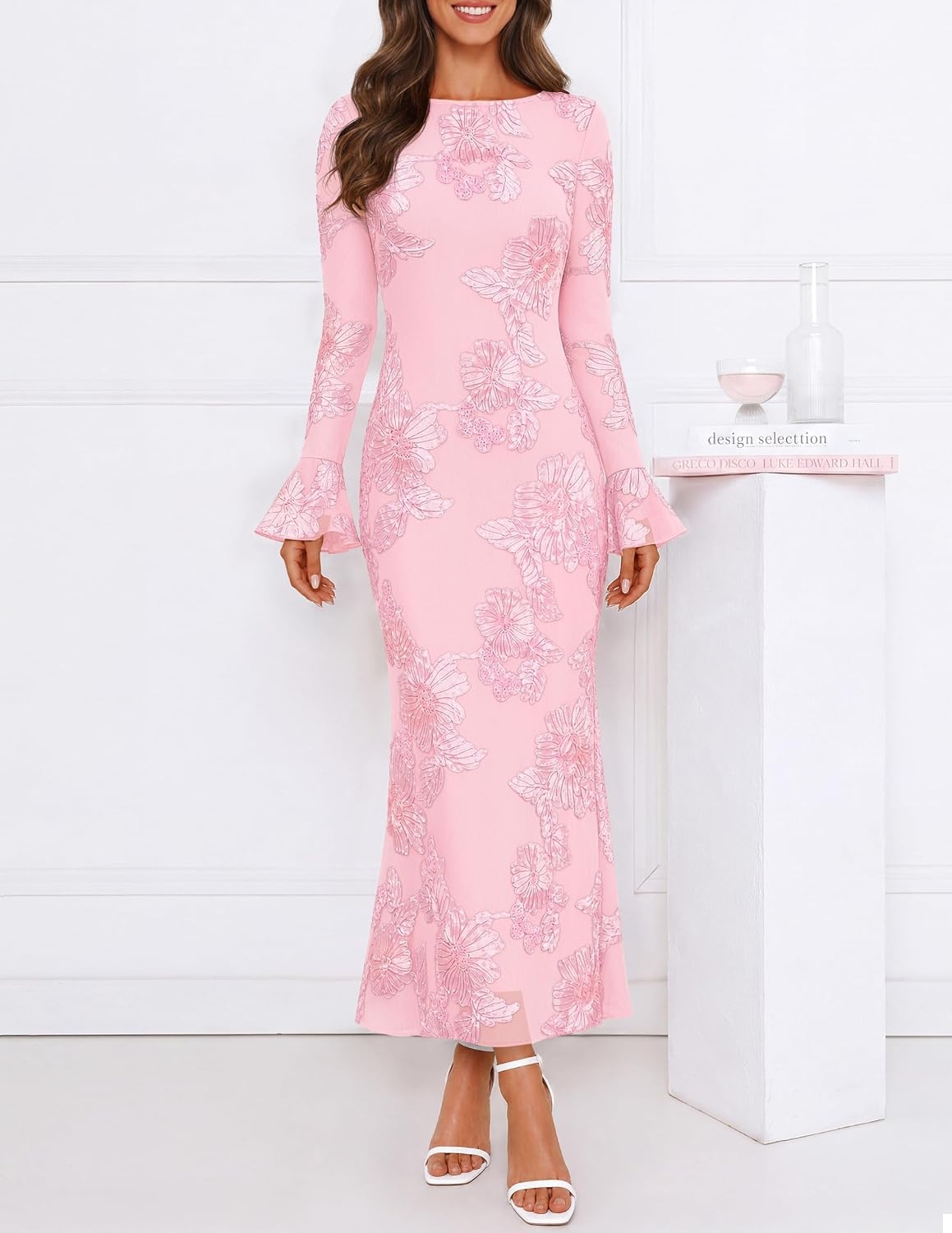 image:imageMEROKEETY Womens Floral Wedding Guest Cocktail Maxi Dress Ruffled Bell Long Sleeve 2026 Fall Mesh Dress Crew Neck Lined Bodycon Prom Homecoming Clothes Formal Elegant OutfitsPink
