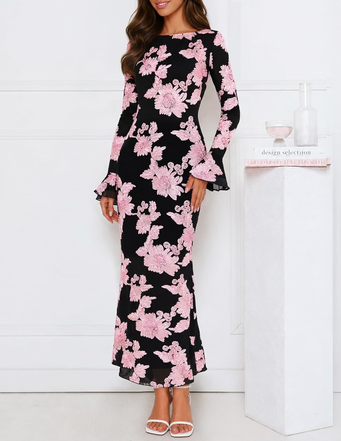 image:imageMEROKEETY Womens Floral Wedding Guest Cocktail Maxi Dress Ruffled Bell Long Sleeve 2026 Fall Mesh Dress Crew Neck Lined Bodycon Prom Homecoming Clothes Formal Elegant OutfitsPeach