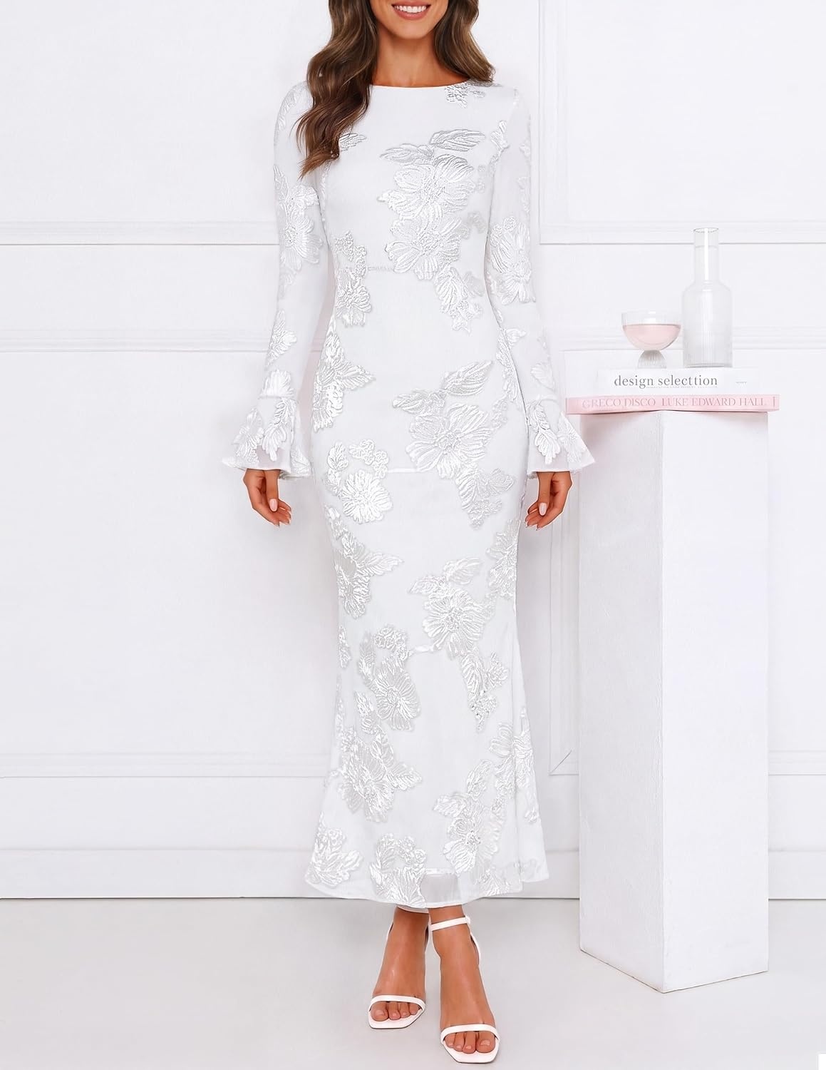 image:imageMEROKEETY Womens Floral Wedding Guest Cocktail Maxi Dress Ruffled Bell Long Sleeve 2026 Fall Mesh Dress Crew Neck Lined Bodycon Prom Homecoming Clothes Formal Elegant OutfitsWhite