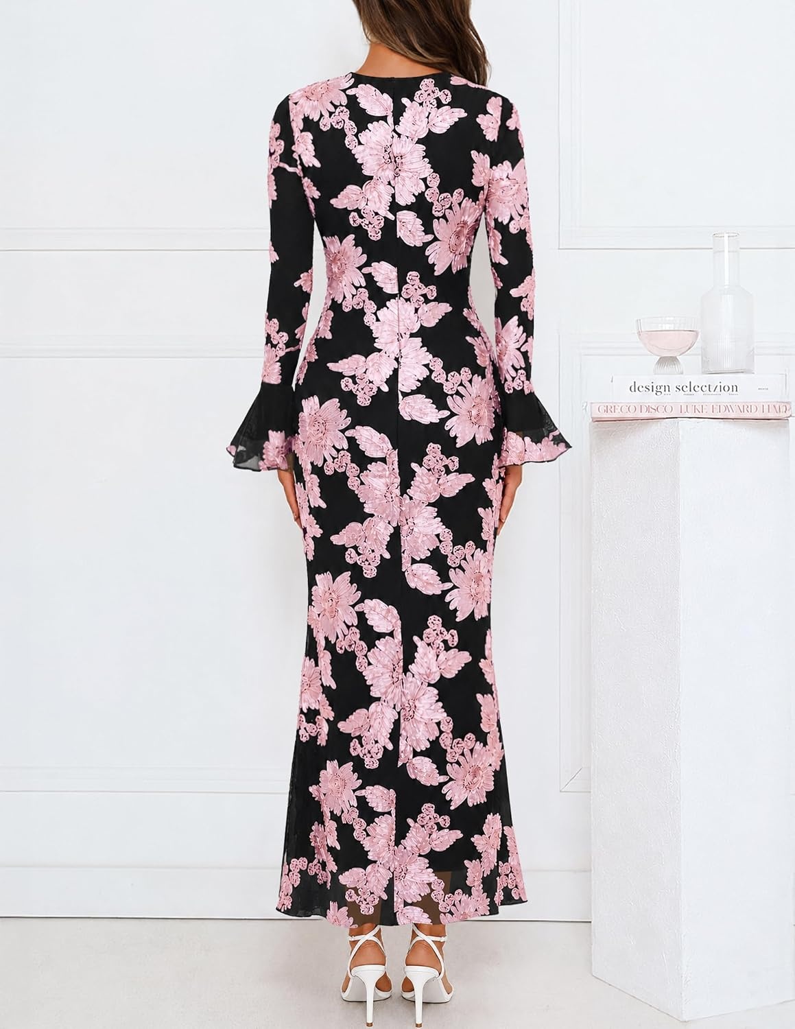 image:imageMEROKEETY Womens Floral Wedding Guest Cocktail Maxi Dress Ruffled Bell Long Sleeve 2026 Fall Mesh Dress Crew Neck Lined Bodycon Prom Homecoming Clothes Formal Elegant OutfitsPeach