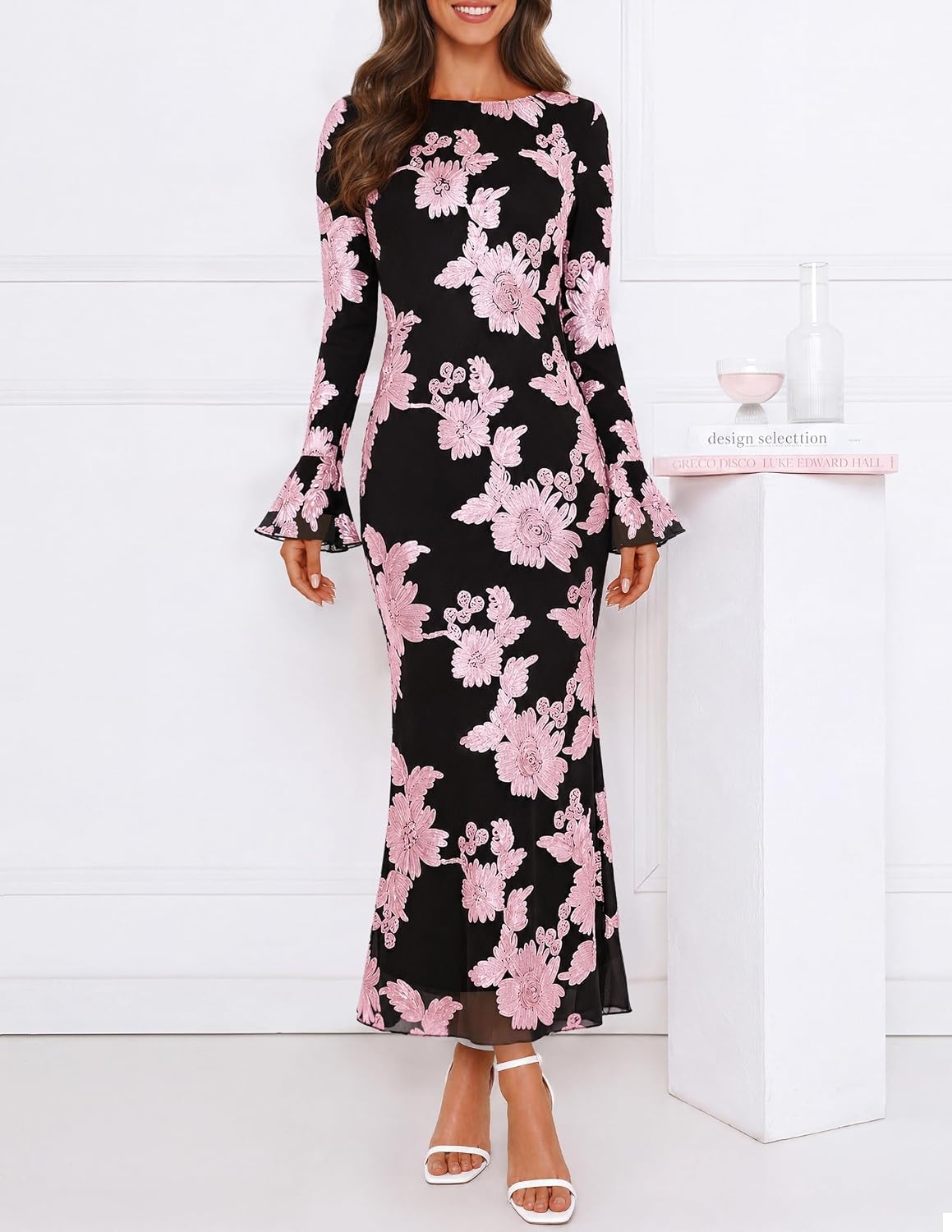 image:imageMEROKEETY Womens Floral Wedding Guest Cocktail Maxi Dress Ruffled Bell Long Sleeve 2026 Fall Mesh Dress Crew Neck Lined Bodycon Prom Homecoming Clothes Formal Elegant OutfitsPeach