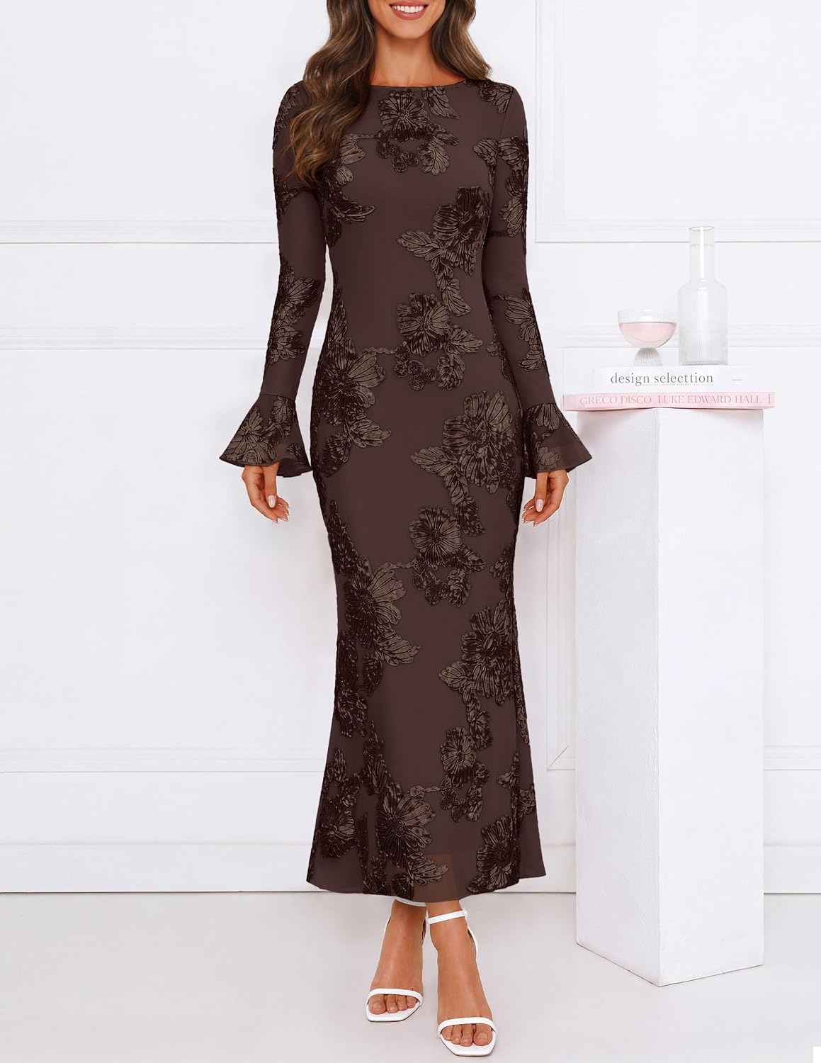 image:imageMEROKEETY Womens Floral Wedding Guest Cocktail Maxi Dress Ruffled Bell Long Sleeve 2026 Fall Mesh Dress Crew Neck Lined Bodycon Prom Homecoming Clothes Formal Elegant OutfitsCoffee