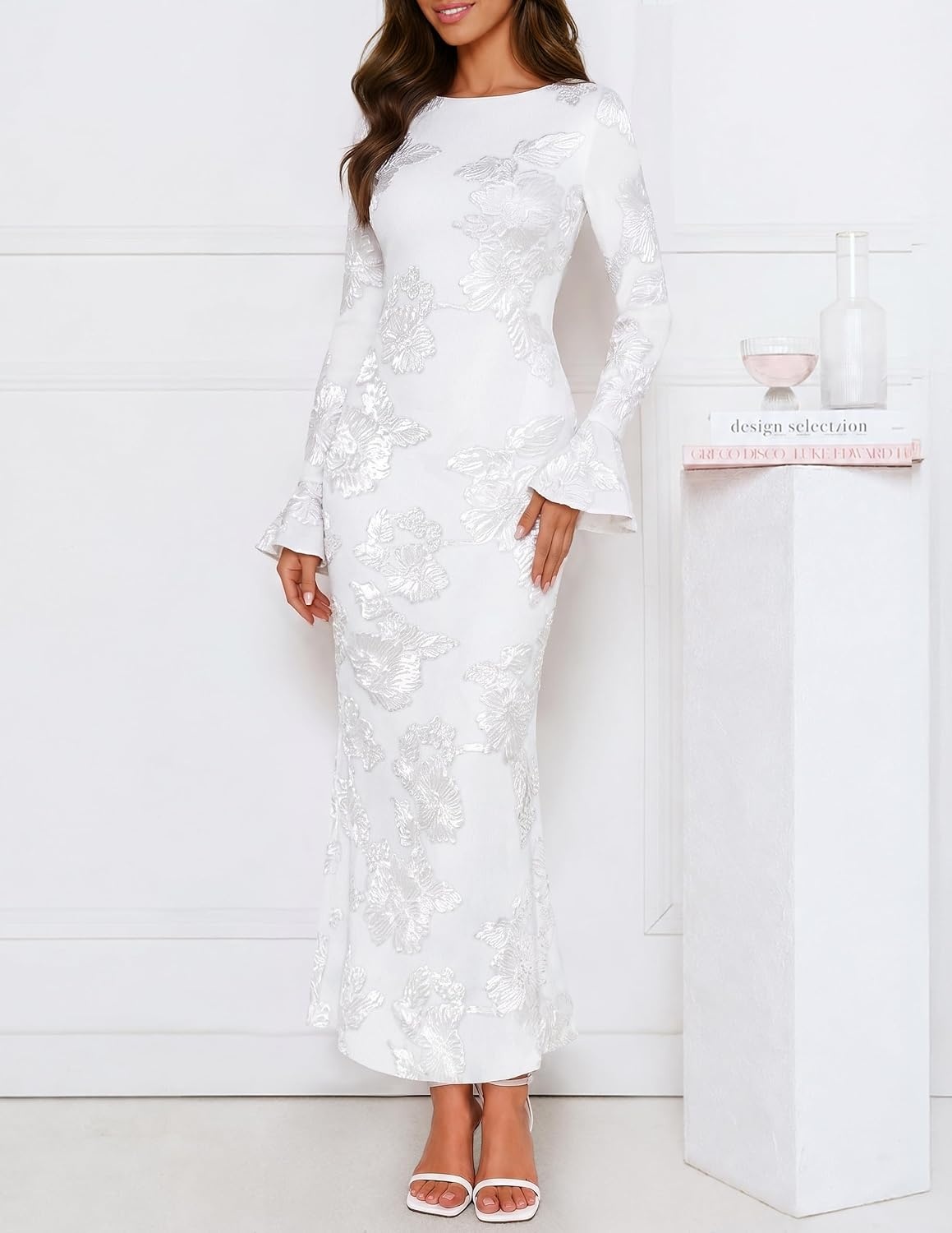 image:imageMEROKEETY Womens Floral Wedding Guest Cocktail Maxi Dress Ruffled Bell Long Sleeve 2026 Fall Mesh Dress Crew Neck Lined Bodycon Prom Homecoming Clothes Formal Elegant OutfitsWhite