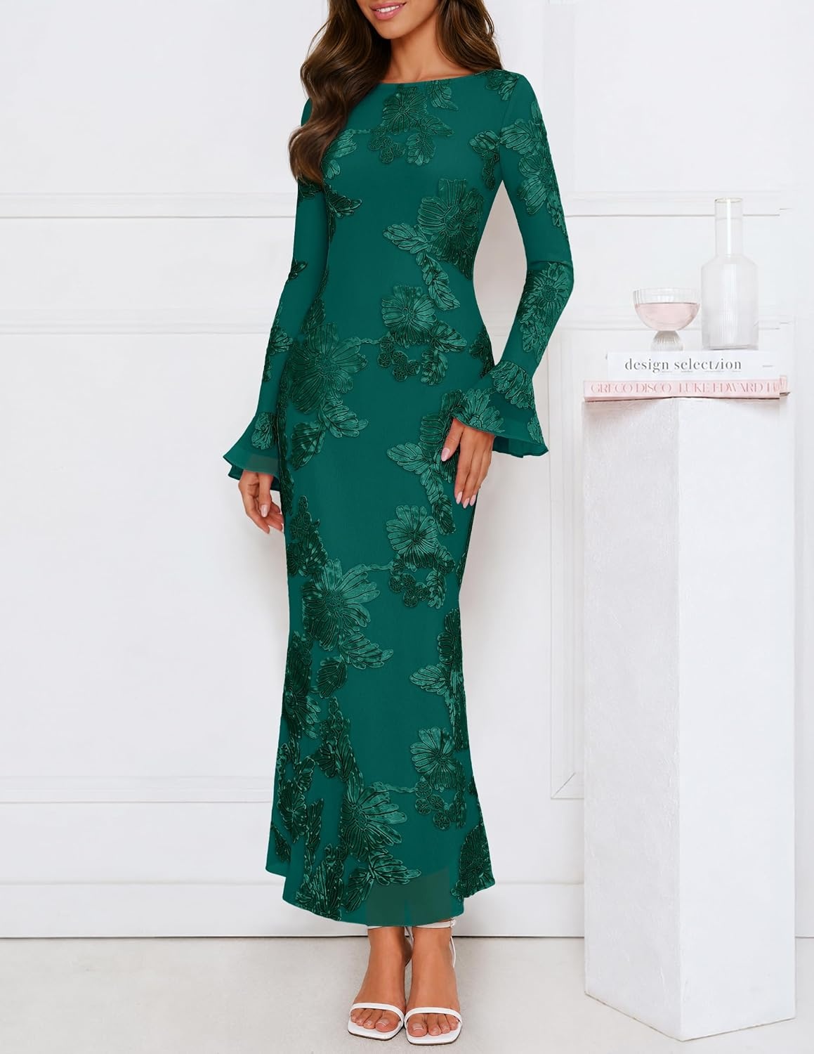 image:imageMEROKEETY Womens Floral Wedding Guest Cocktail Maxi Dress Ruffled Bell Long Sleeve 2026 Fall Mesh Dress Crew Neck Lined Bodycon Prom Homecoming Clothes Formal Elegant OutfitsGreen