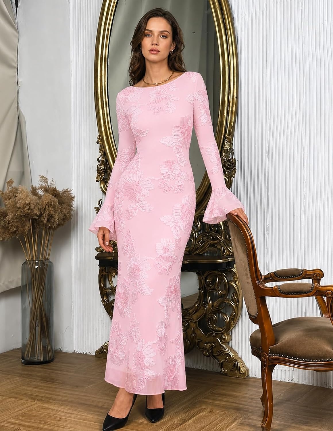 image:imageMEROKEETY Womens Floral Wedding Guest Cocktail Maxi Dress Ruffled Bell Long Sleeve 2026 Fall Mesh Dress Crew Neck Lined Bodycon Prom Homecoming Clothes Formal Elegant OutfitsPink