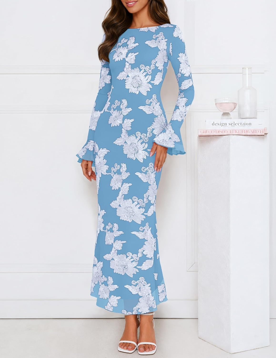 image:imageMEROKEETY Womens Floral Wedding Guest Cocktail Maxi Dress Ruffled Bell Long Sleeve 2026 Fall Mesh Dress Crew Neck Lined Bodycon Prom Homecoming Clothes Formal Elegant OutfitsSkyblue