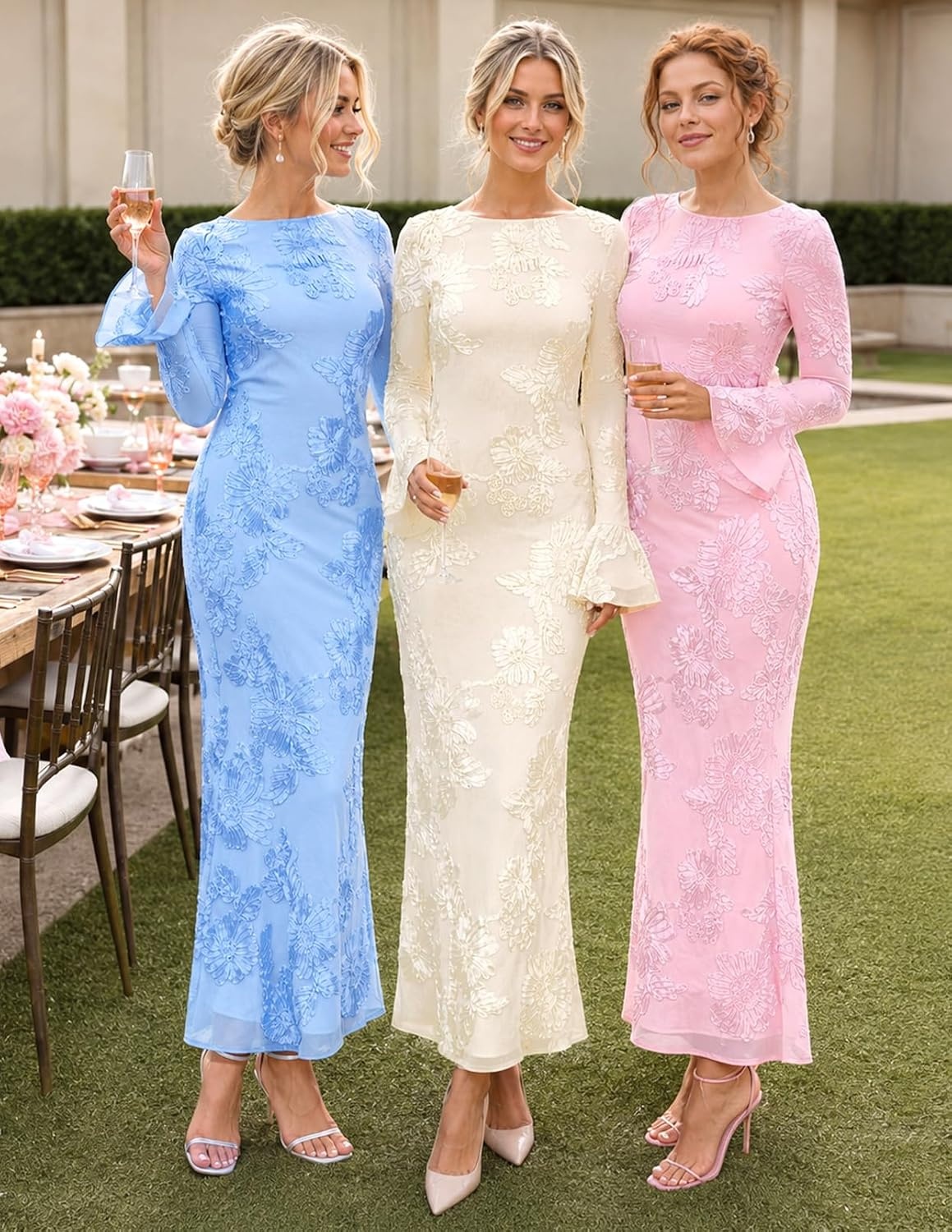 image:imageMEROKEETY Womens Floral Wedding Guest Cocktail Maxi Dress Ruffled Bell Long Sleeve 2026 Fall Mesh Dress Crew Neck Lined Bodycon Prom Homecoming Clothes Formal Elegant OutfitsPink