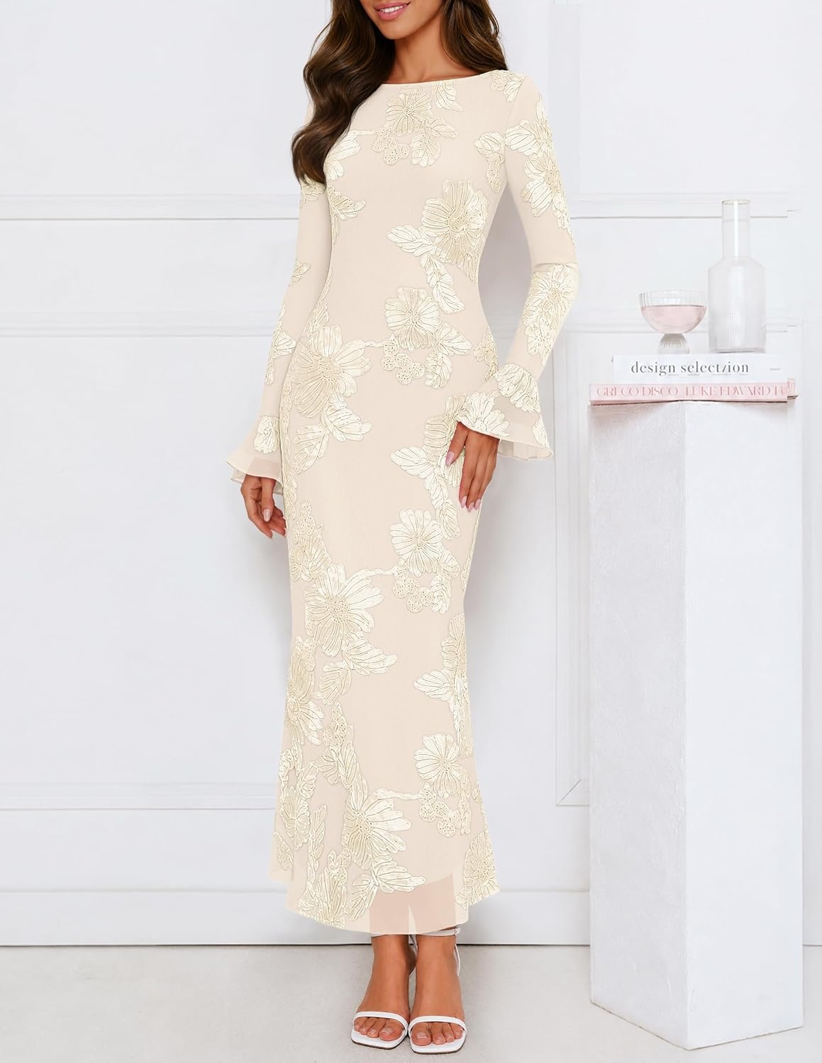 image:imageMEROKEETY Womens Floral Wedding Guest Cocktail Maxi Dress Ruffled Bell Long Sleeve 2026 Fall Mesh Dress Crew Neck Lined Bodycon Prom Homecoming Clothes Formal Elegant OutfitsApricot