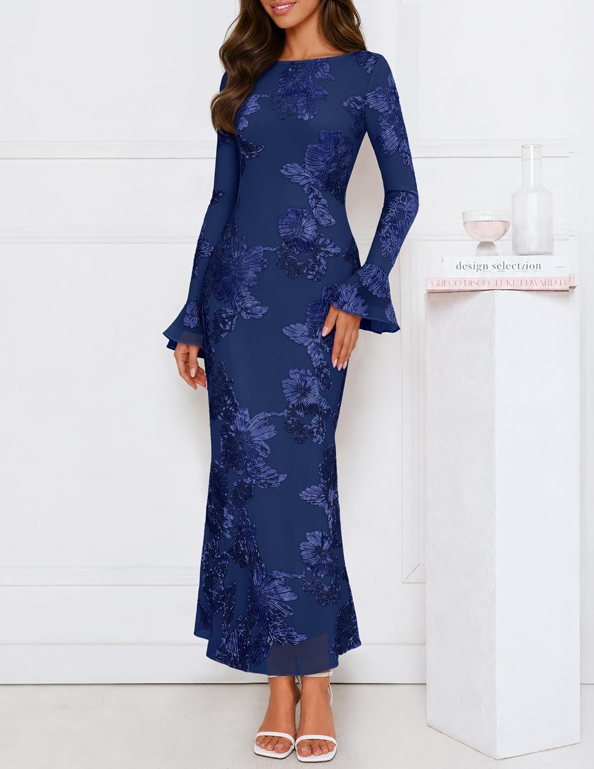 image:imageMEROKEETY Womens Floral Wedding Guest Cocktail Maxi Dress Ruffled Bell Long Sleeve 2026 Fall Mesh Dress Crew Neck Lined Bodycon Prom Homecoming Clothes Formal Elegant OutfitsNavy