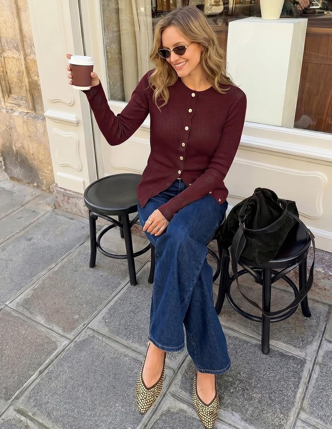 image:imageMEROKEETY Womens Long Sleeve Fall Cardigan Sweaters Knit Tops 2026 Lightweight Crew Neck Button Down Open Front Wavy Placket Slim Fit Ribbed Soft Sweater Fall Fashion Winter OutfitsWine