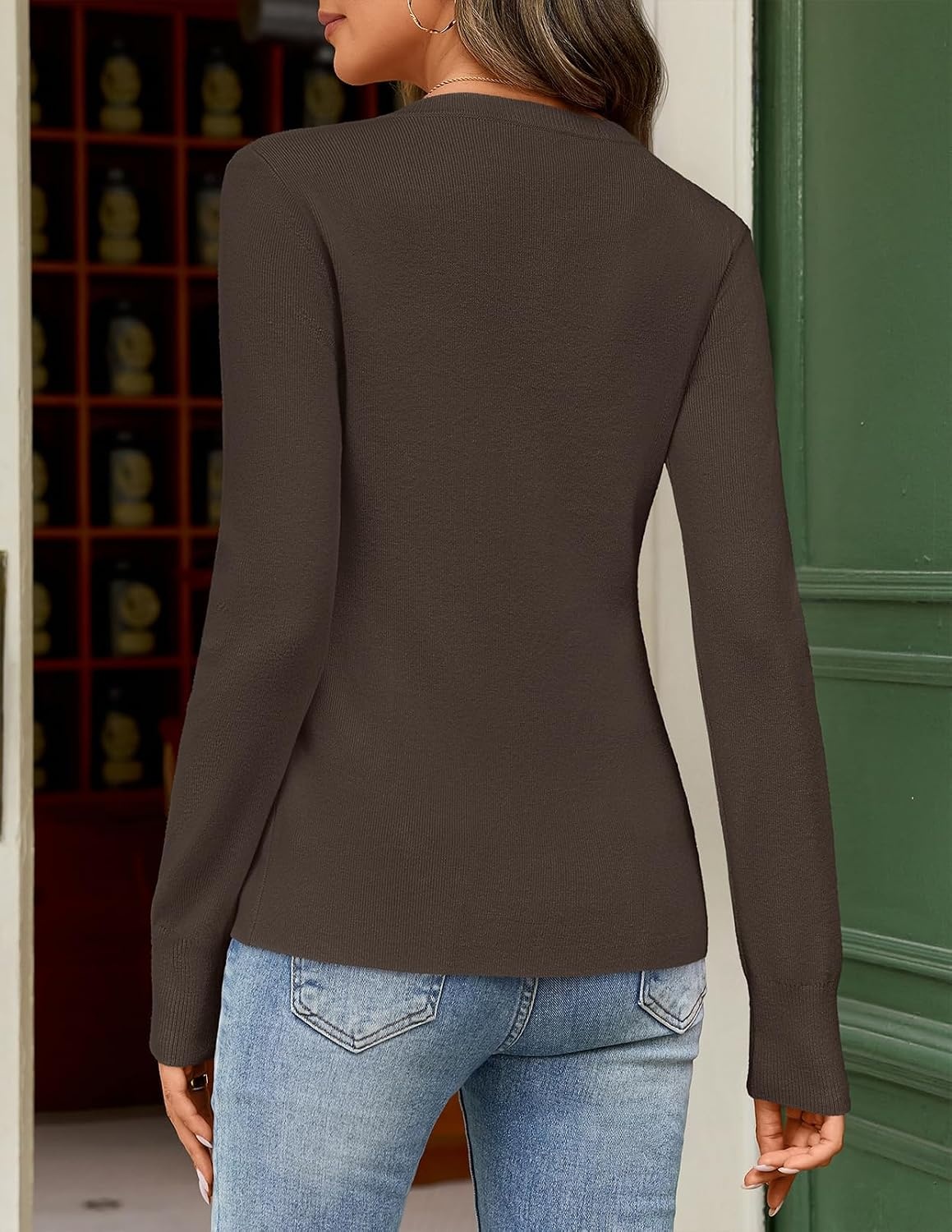 image:imageMEROKEETY Womens Long Sleeve Fall Cardigan Sweaters Knit Tops 2026 Lightweight Crew Neck Button Down Open Front Wavy Placket Slim Fit Ribbed Soft Sweater Fall Fashion Winter OutfitsCoffee