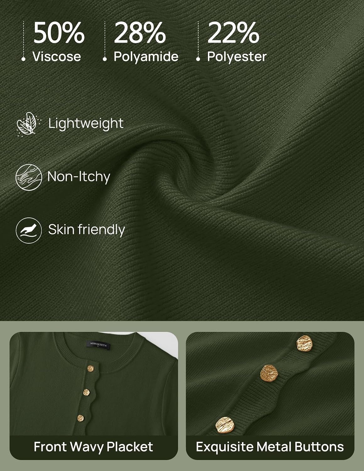 image:imageMEROKEETY Womens Long Sleeve Fall Cardigan Sweaters Knit Tops 2026 Lightweight Crew Neck Button Down Open Front Wavy Placket Slim Fit Ribbed Soft Sweater Fall Fashion Winter OutfitsArmy