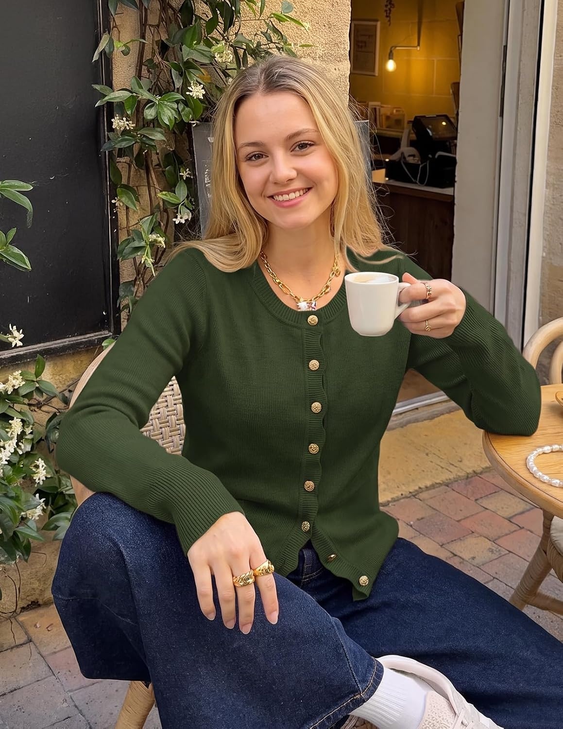 image:imageMEROKEETY Womens Long Sleeve Fall Cardigan Sweaters Knit Tops 2026 Lightweight Crew Neck Button Down Open Front Wavy Placket Slim Fit Ribbed Soft Sweater Fall Fashion Winter OutfitsArmy