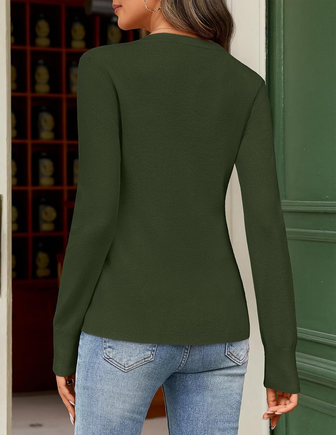 image:imageMEROKEETY Womens Long Sleeve Fall Cardigan Sweaters Knit Tops 2026 Lightweight Crew Neck Button Down Open Front Wavy Placket Slim Fit Ribbed Soft Sweater Fall Fashion Winter OutfitsArmy