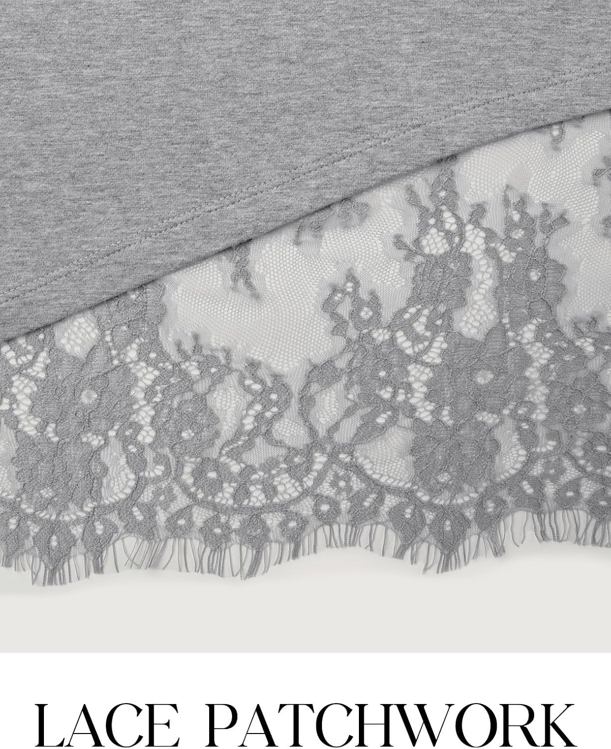 image:imageMEROKEETY Womens Long Sleeve Tops Fall 2026 Lace Patchwork Casual Shirts Elegant Asymmetrical Hem Classic Crew Neck Ribbed Trim Cotton Trendy Fashion Loose Fit Going Out Date Night BlouseGrey